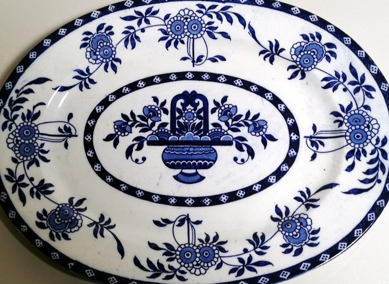 British Staffordshire Potteries English Tray with Blue Transferware Decorations For Sale