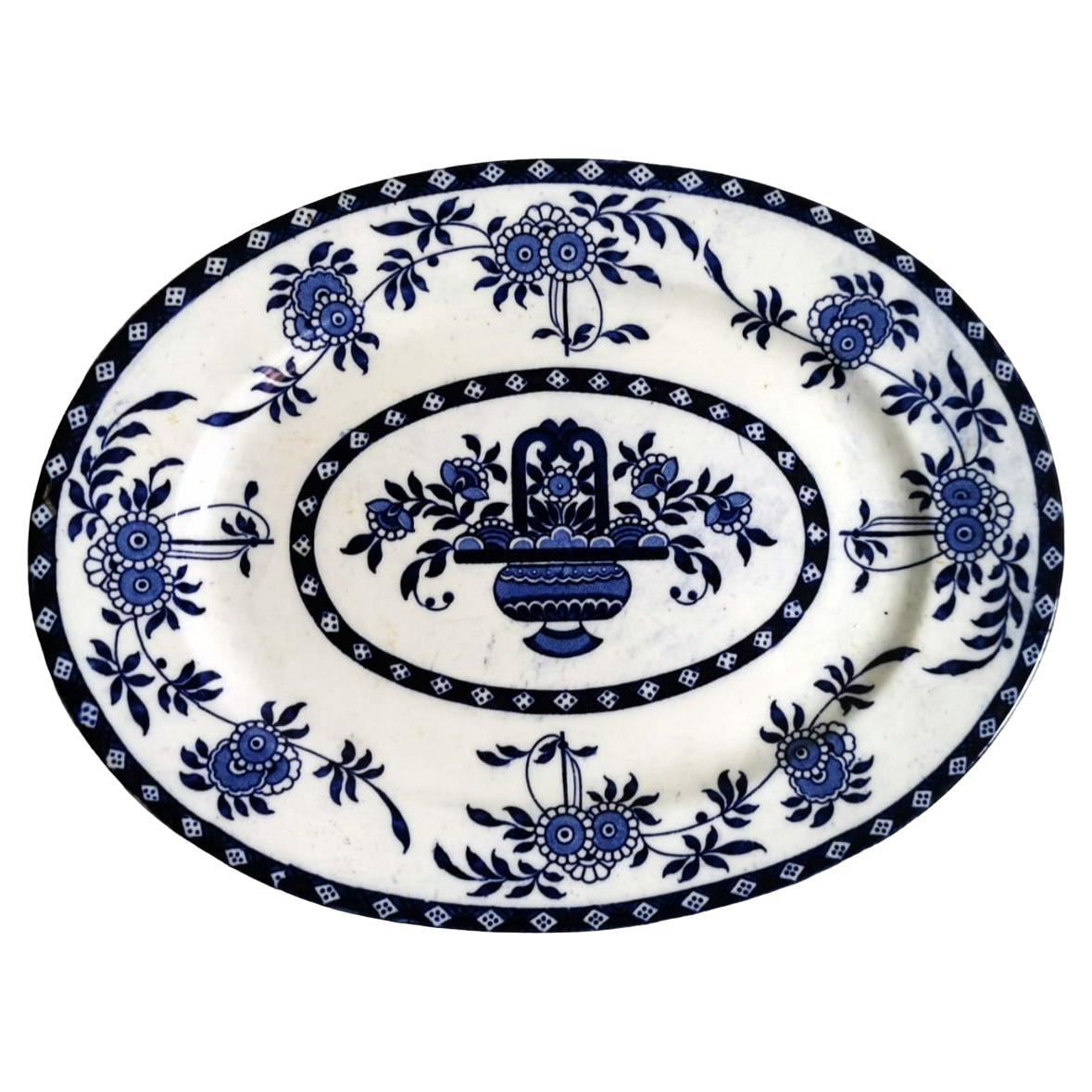 Staffordshire-Keramik Englisches Tablett mit blauen Transfergeschirr-Dekorationen