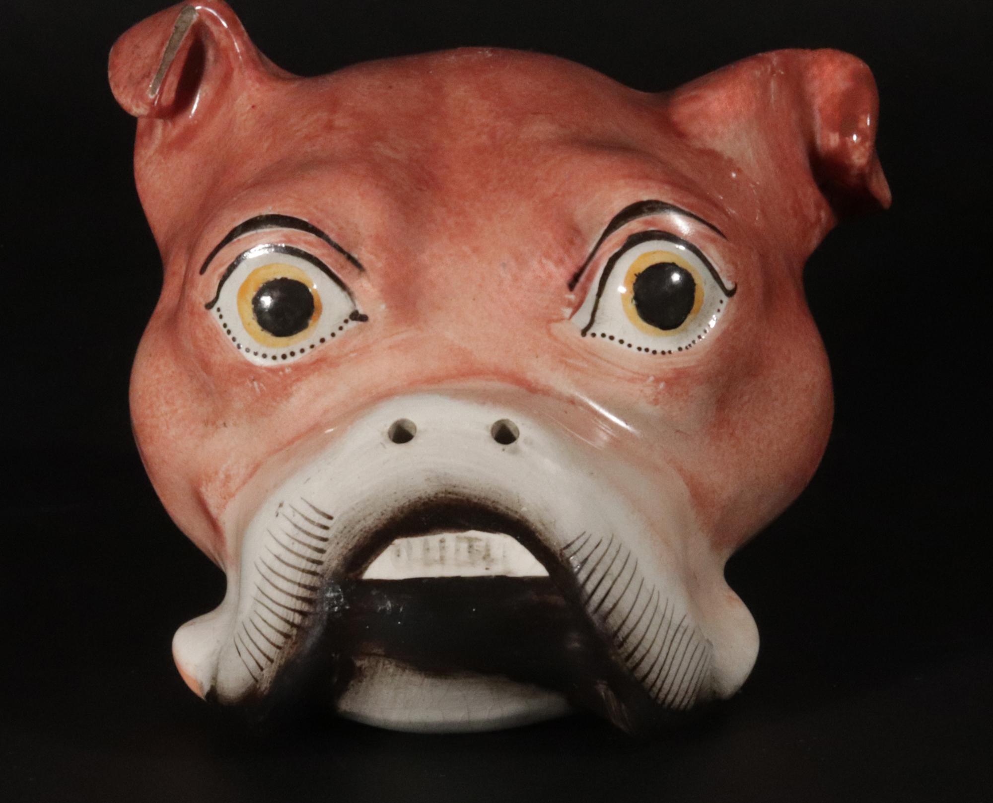 English Staffordshire Pottery Bulldog Stirrup Cup For Sale