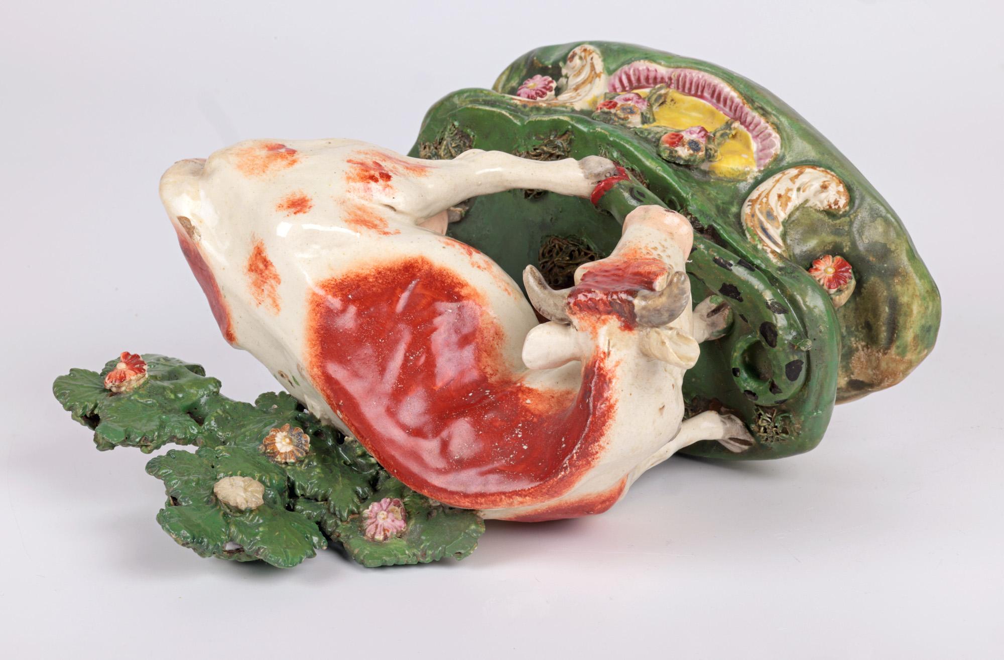 Staffordshire Pottery Cow Attacked by a Snake Pottery Figure In Good Condition In Bishop's Stortford, Hertfordshire