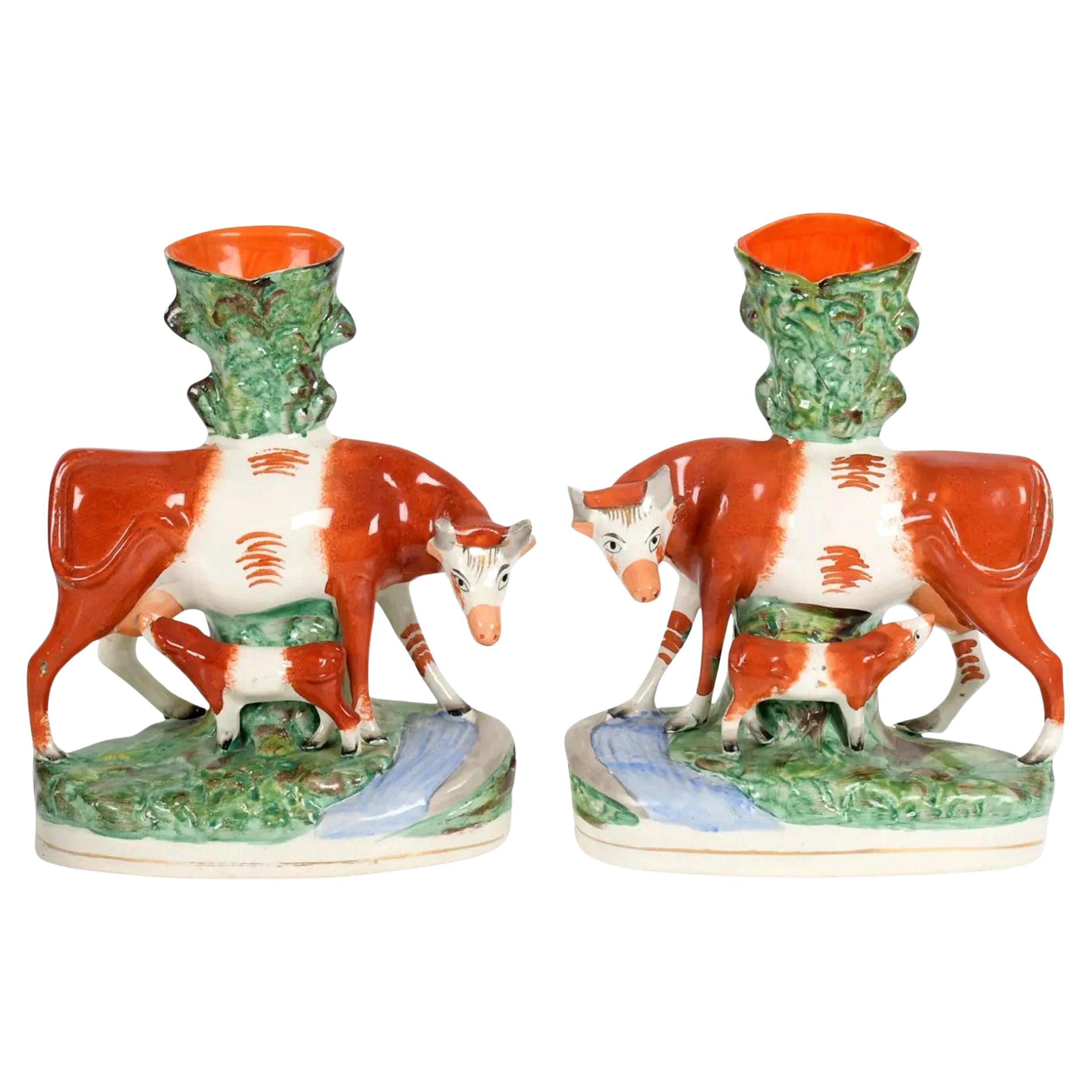Staffordshire Pottery Cow Figure Spill Vases