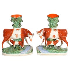 Staffordshire Pottery Cow Figure Spill Vases