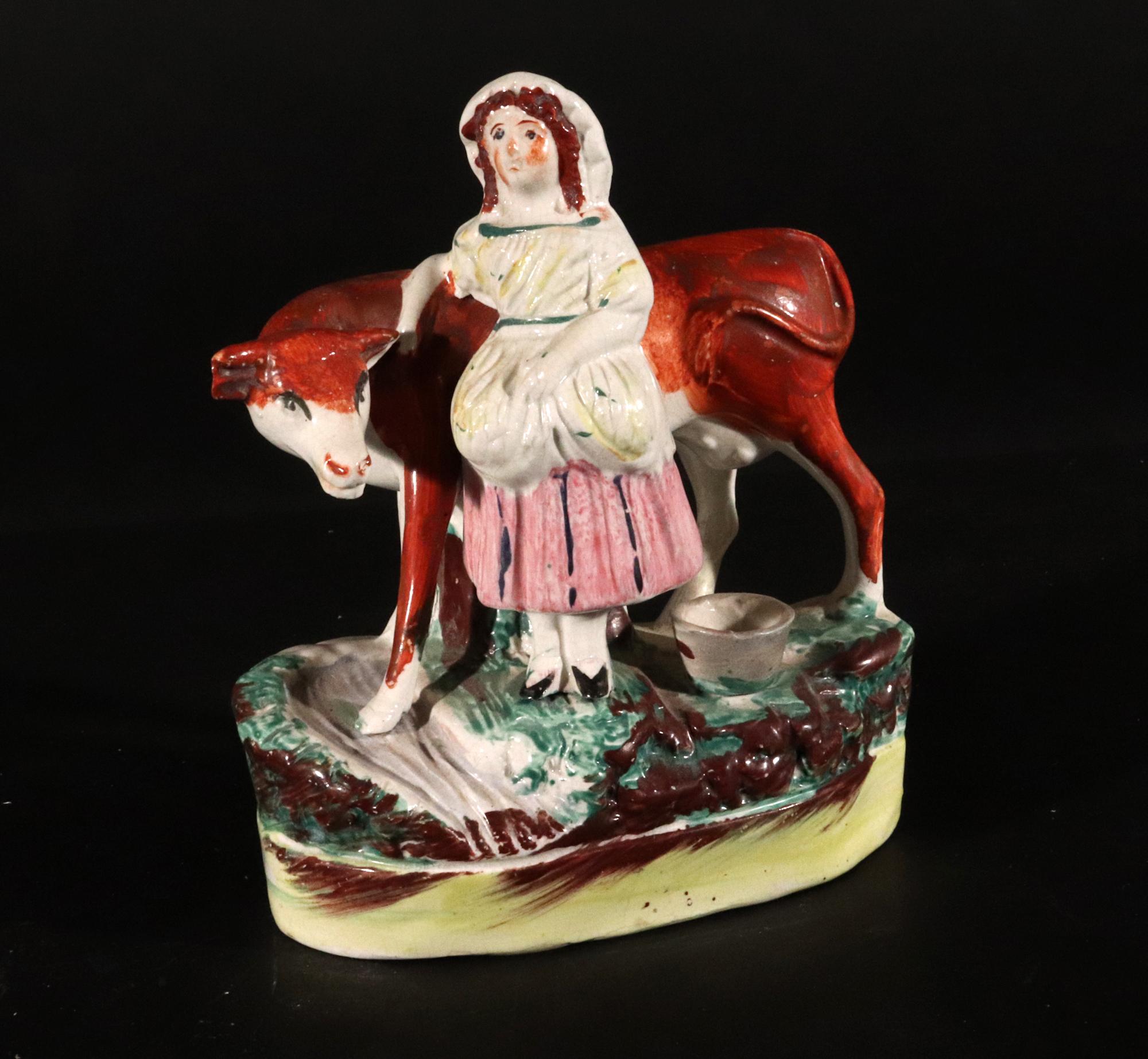 Victorian Staffordshire Pottery Cow Figure with Milkmaid For Sale