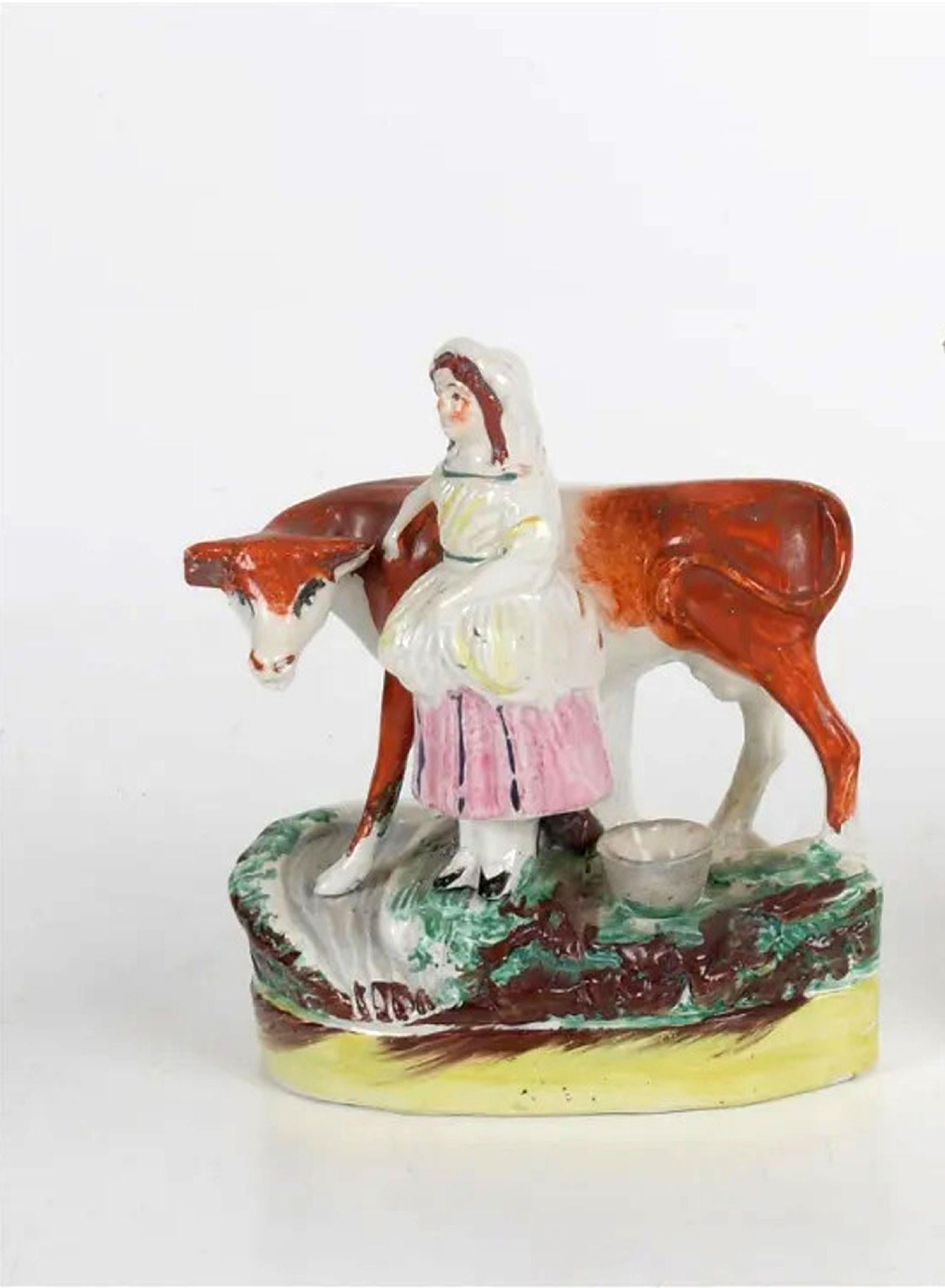 Staffordshire Pottery Cow Figure with Milkmaid In Good Condition For Sale In Downingtown, PA