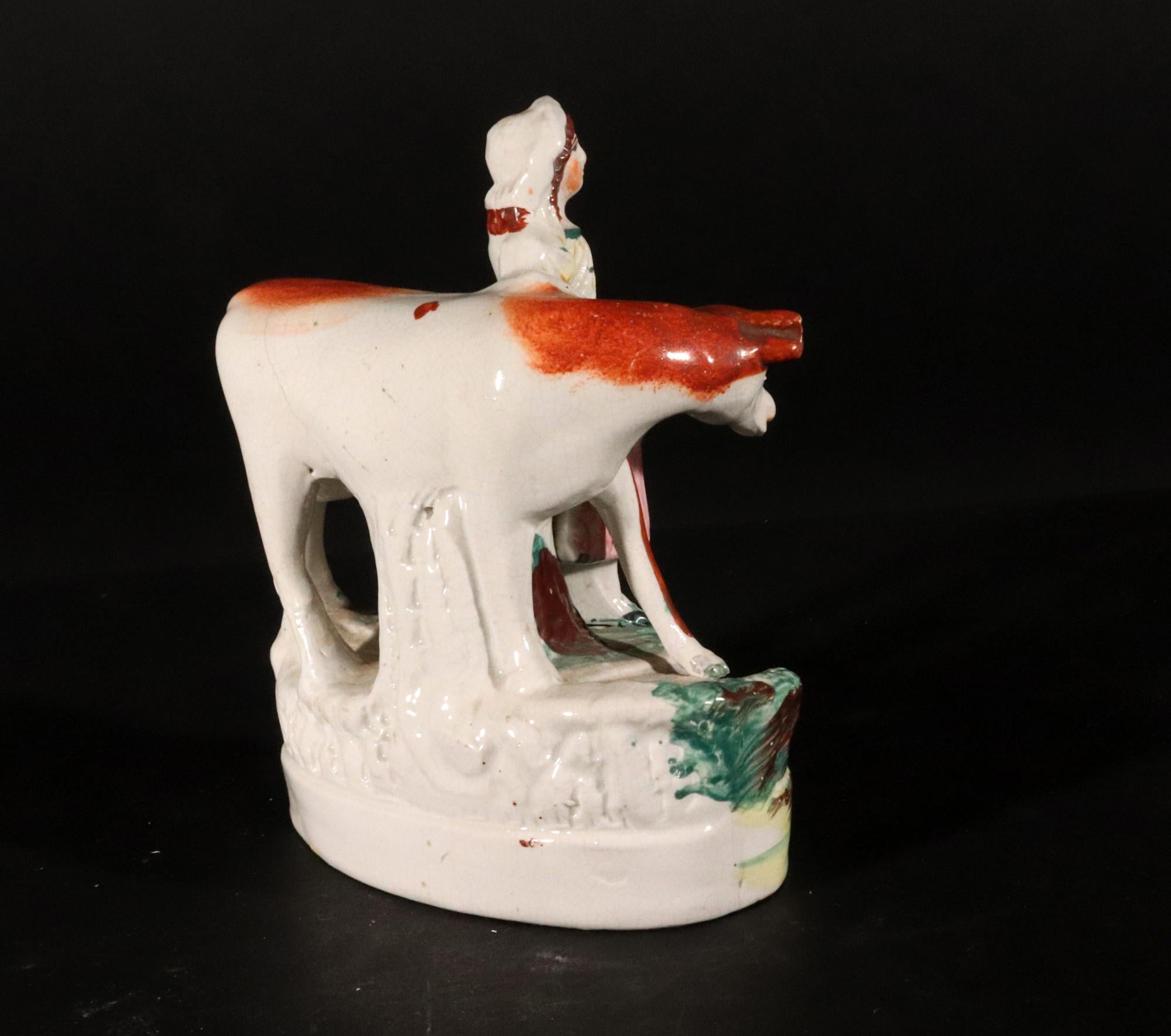 Staffordshire Pottery Cow Figure with Milkmaid For Sale 2