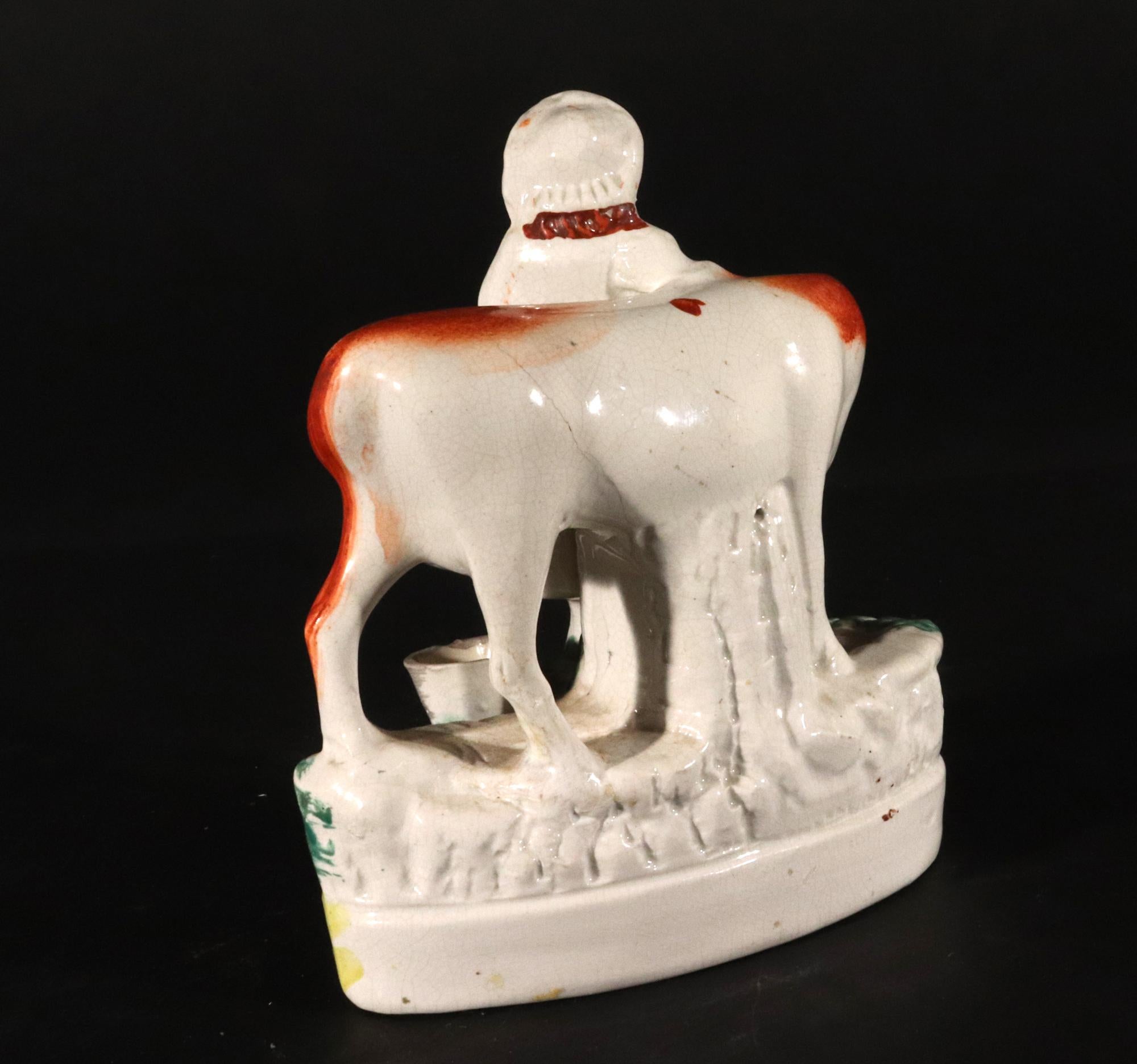 Staffordshire Pottery Cow Figure with Milkmaid For Sale 3