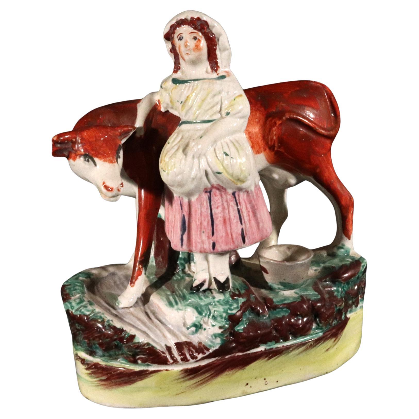Staffordshire Pottery Cow Figure with Milkmaid