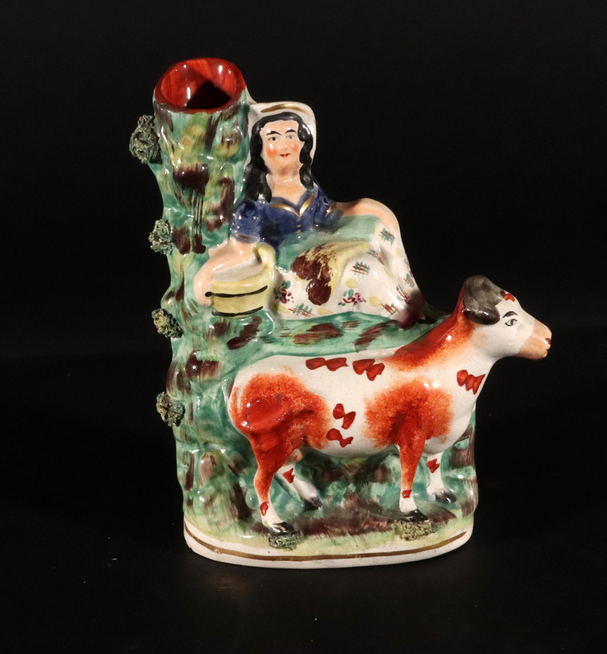Early Victorian Staffordshire Pottery Cow with Figure of Milk Maid