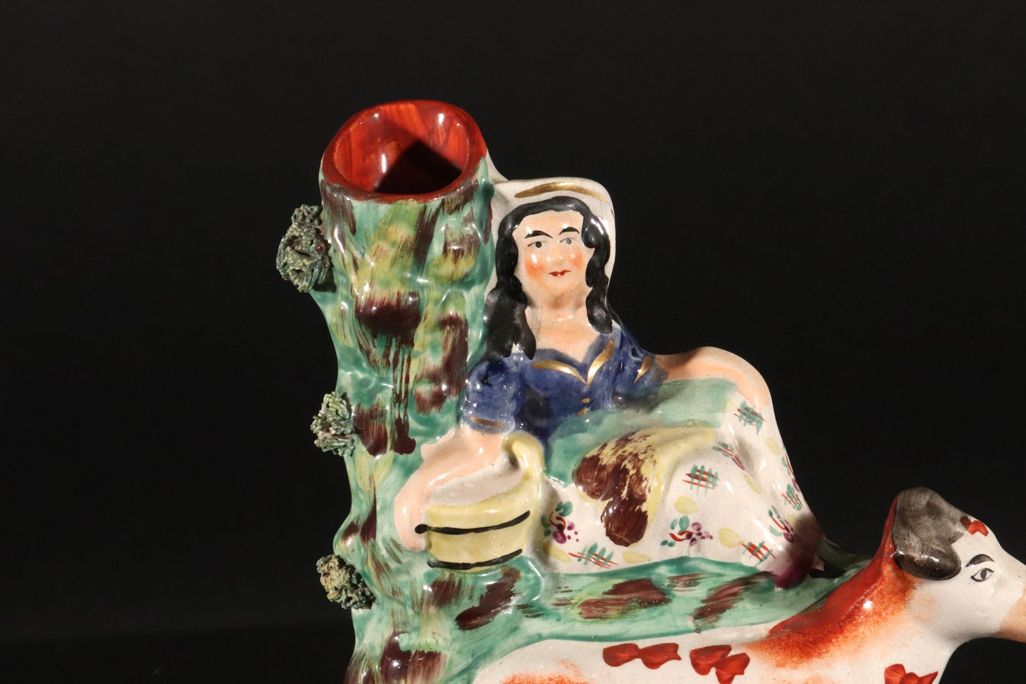 English Staffordshire Pottery Cow with Figure of Milk Maid