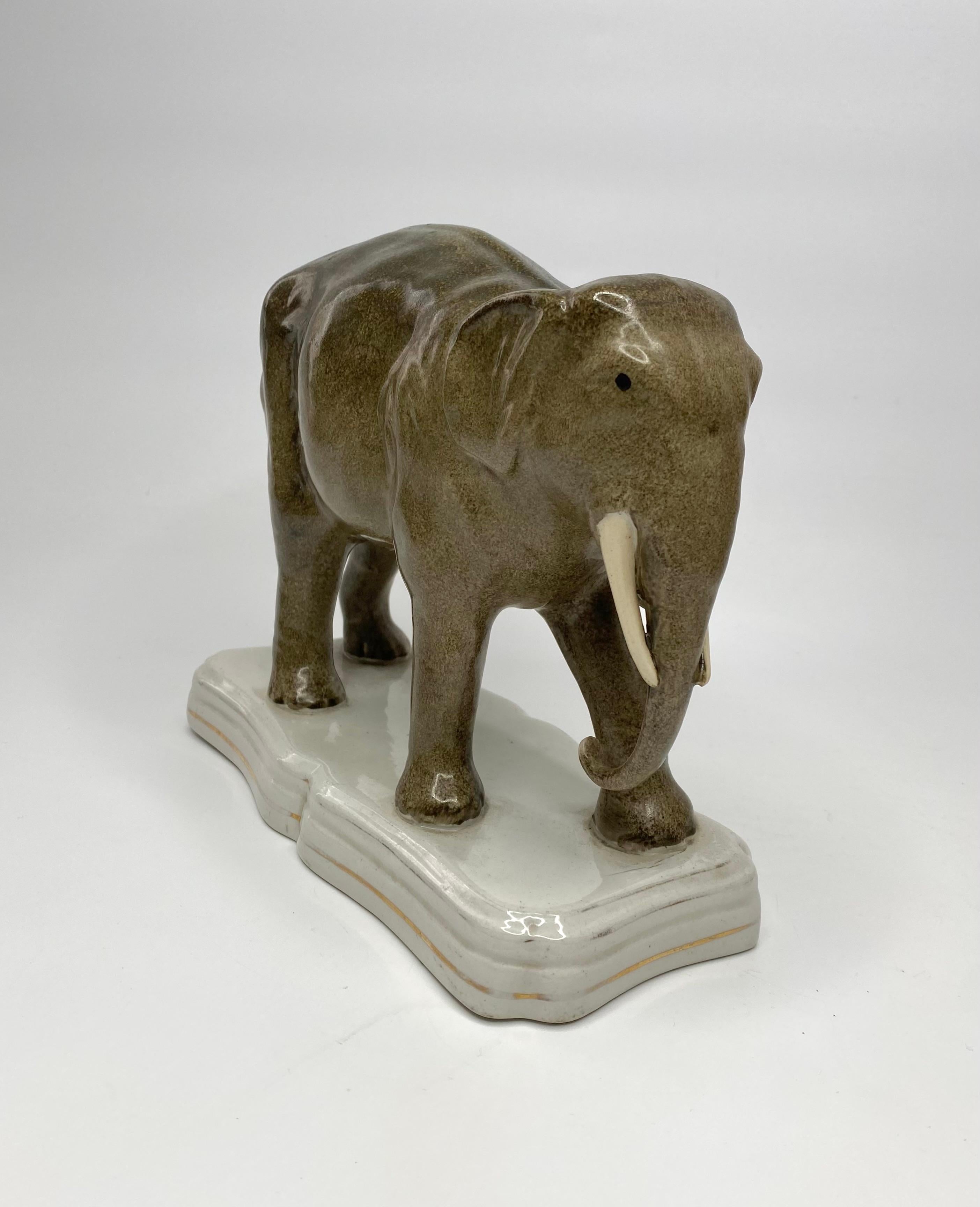 Staffordshire pottery elephant, ‘Jumbo’, c. 1860. The famous circus elephant, well modelled in the round, and naturistically coloured.
Set upon a shaped rectangular base, and having gilt lines to the base.
Length – 24.7 cm,9 3/4”
Height – 19.2 cm, 7