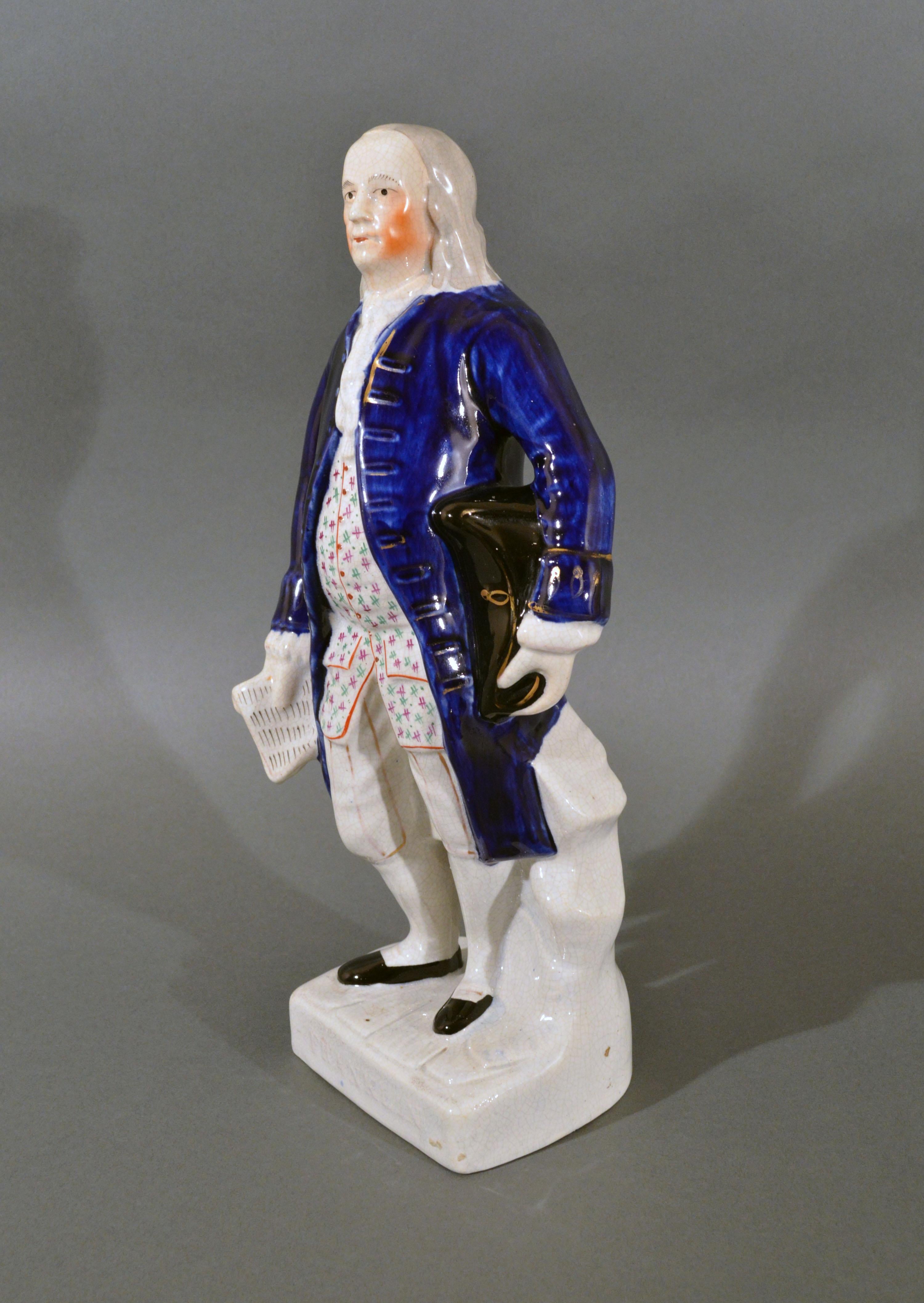 Figura de Benjamin Franklin en cerámica de Staffordshire, con nombre en la base Cerámica Pearlware