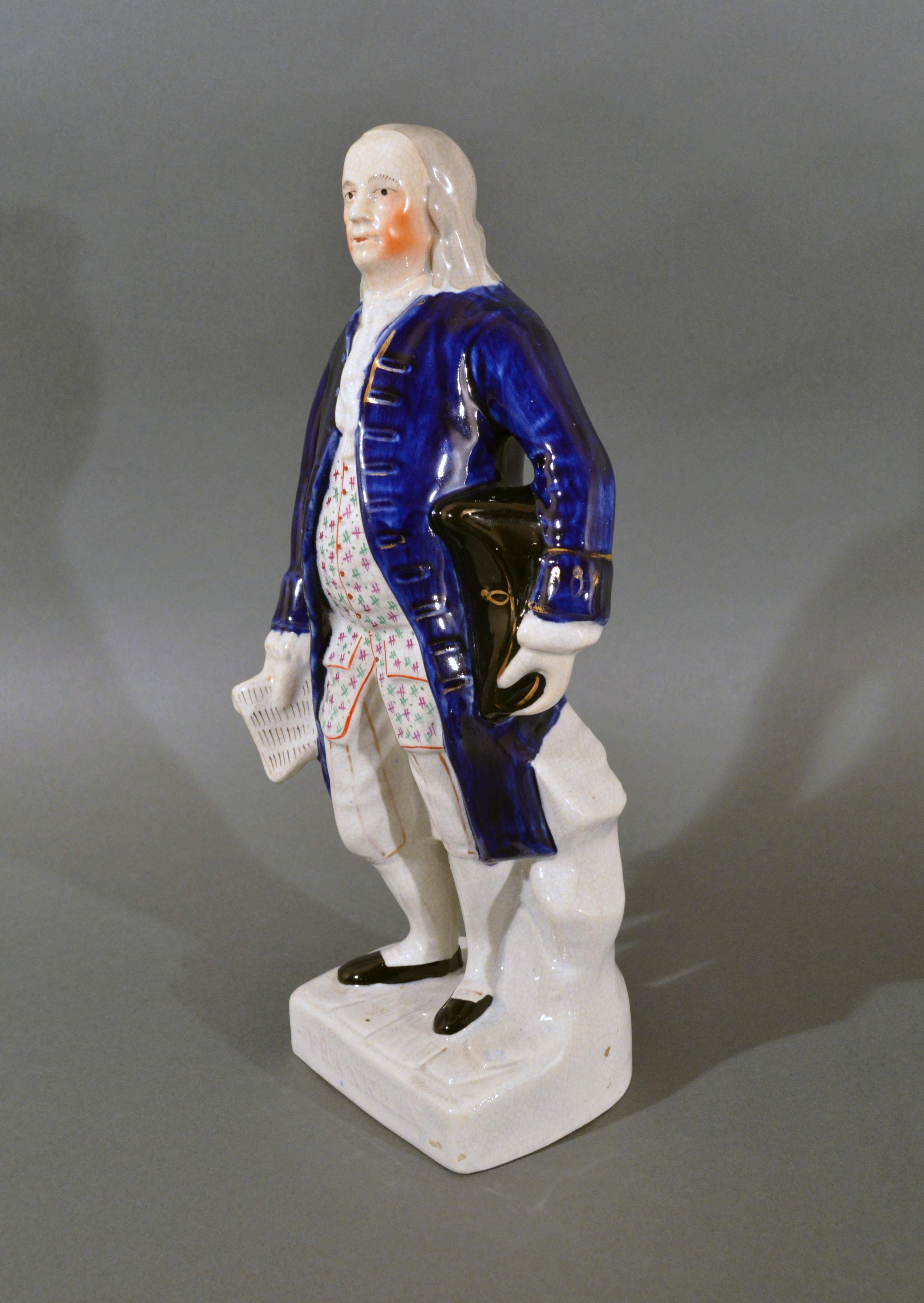 Staffordshire-Keramikfigur von Benjamin Franklin, auf Sockel benannt (Perlenware) im Angebot