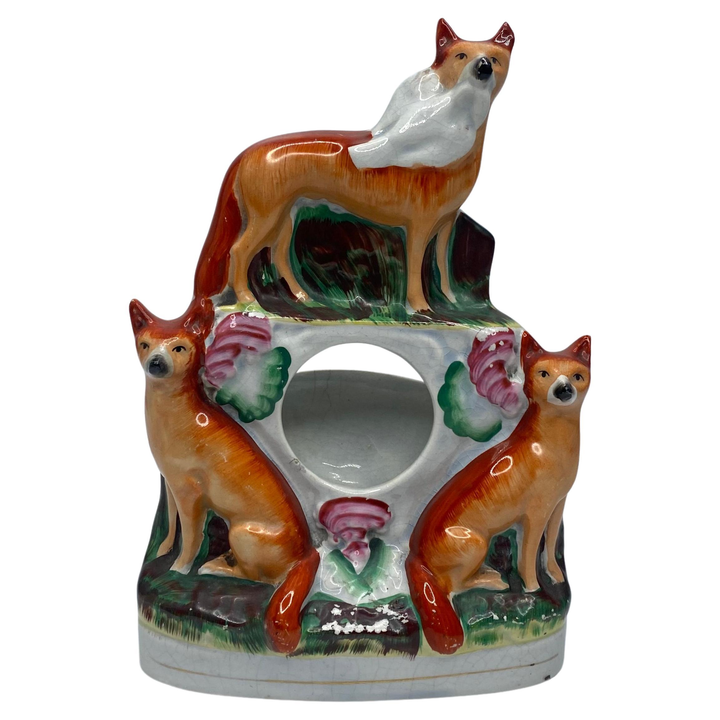 Staffordshire pottery Foxes watch holder, c. 1860. For Sale