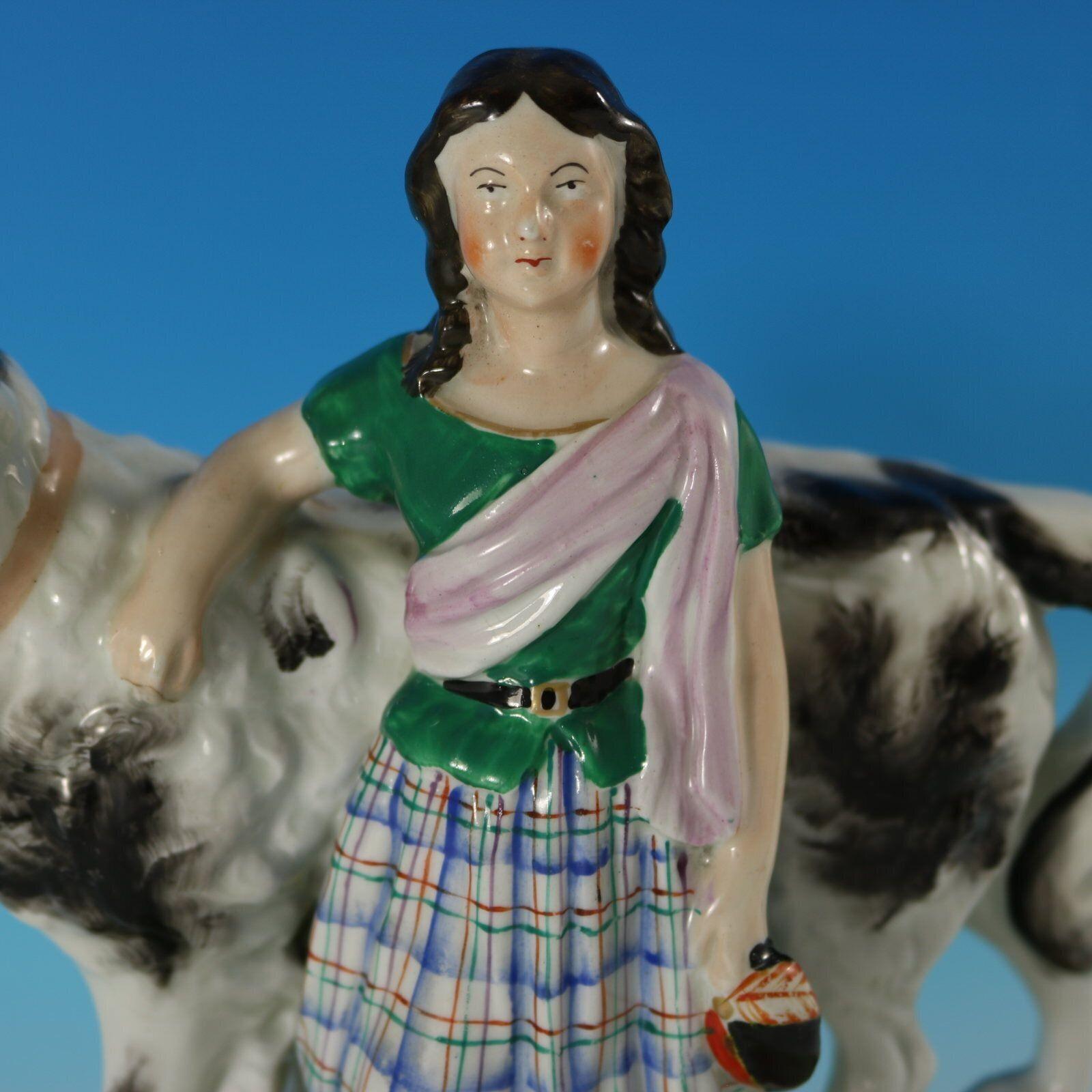 Staffordshire Pottery Girl with St. Bernard Figure For Sale 3