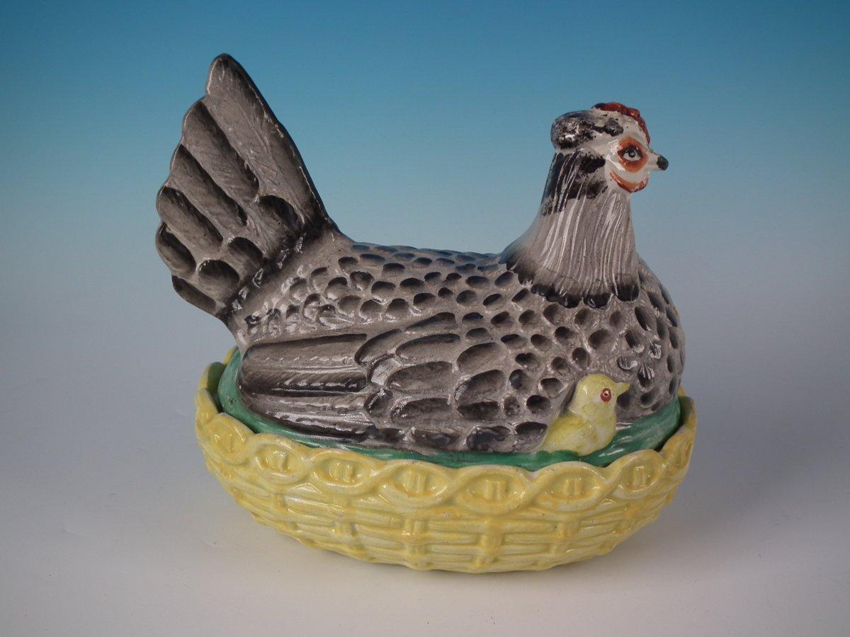 English Staffordshire Pottery Hen with Chicks on Nest