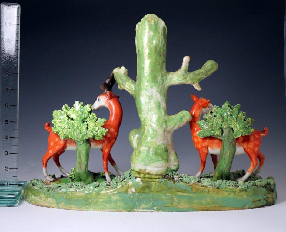 British Staffordshire Pottery Pearlware Trio Figure Group with Lamb, Stag and Doe For Sale