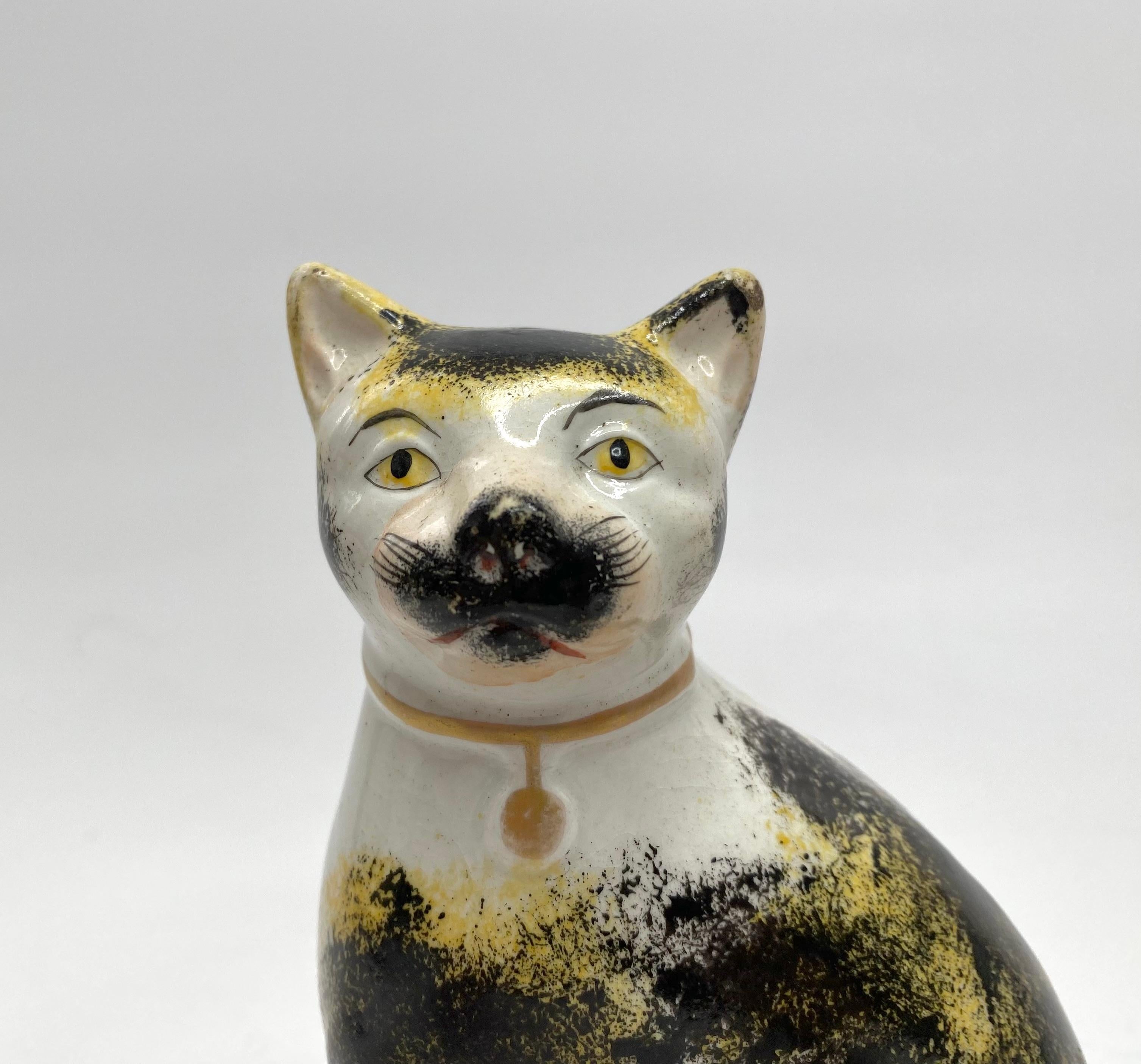Staffordshire pottery seated cat, c. 1850. In Excellent Condition In Gargrave, North Yorkshire