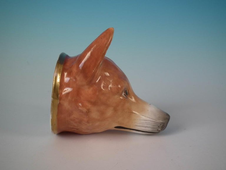 English Staffordshire Pottery Stirrup Cup Modelled as a Fox Head For Sale