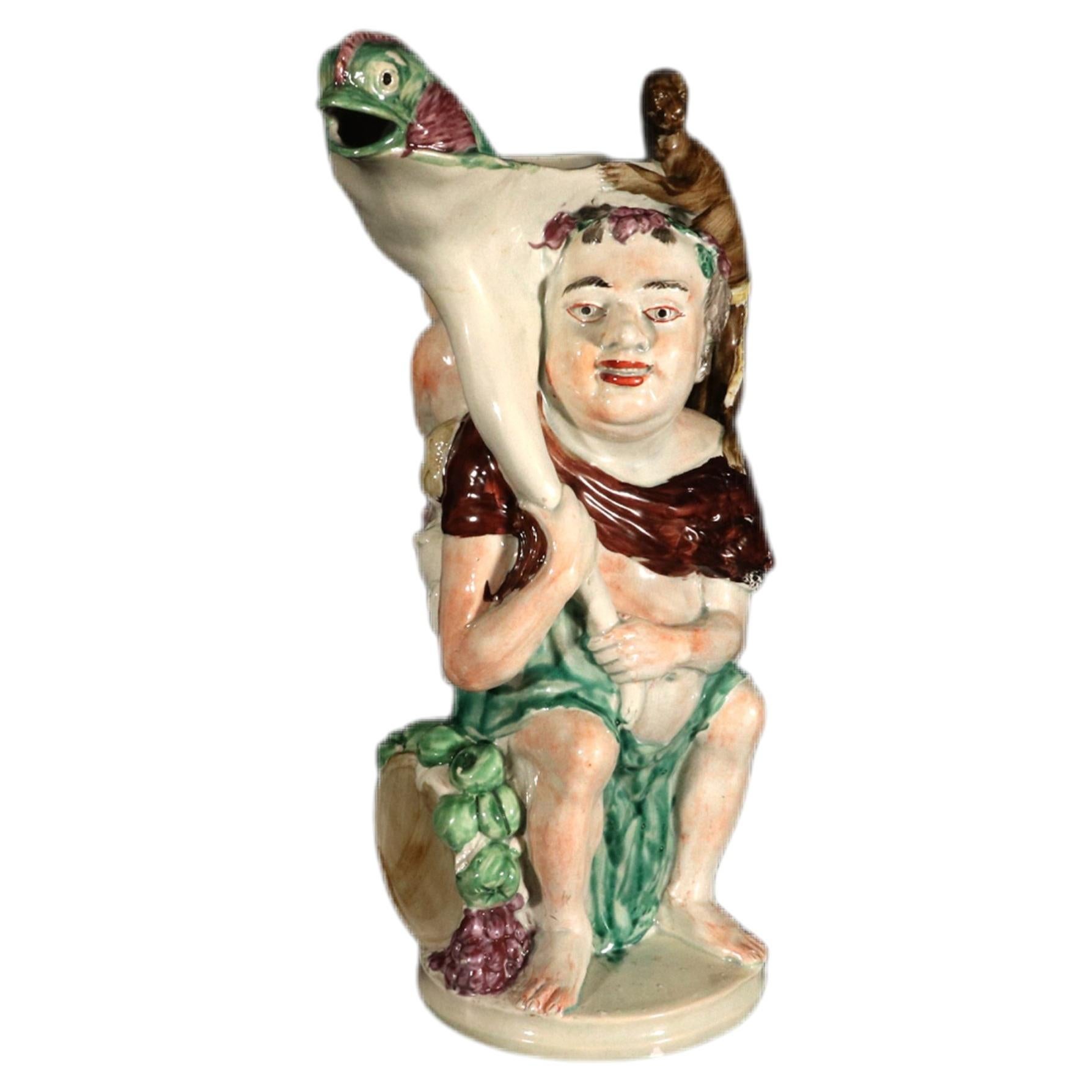 Staffordshire Prattware Bacchus and Pan Figural Jug, Wood Family, Circa 1800 For Sale