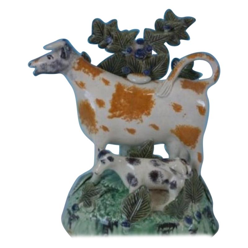Staffordshire Prattware Cow and Calf Creamer with Bocage For Sale