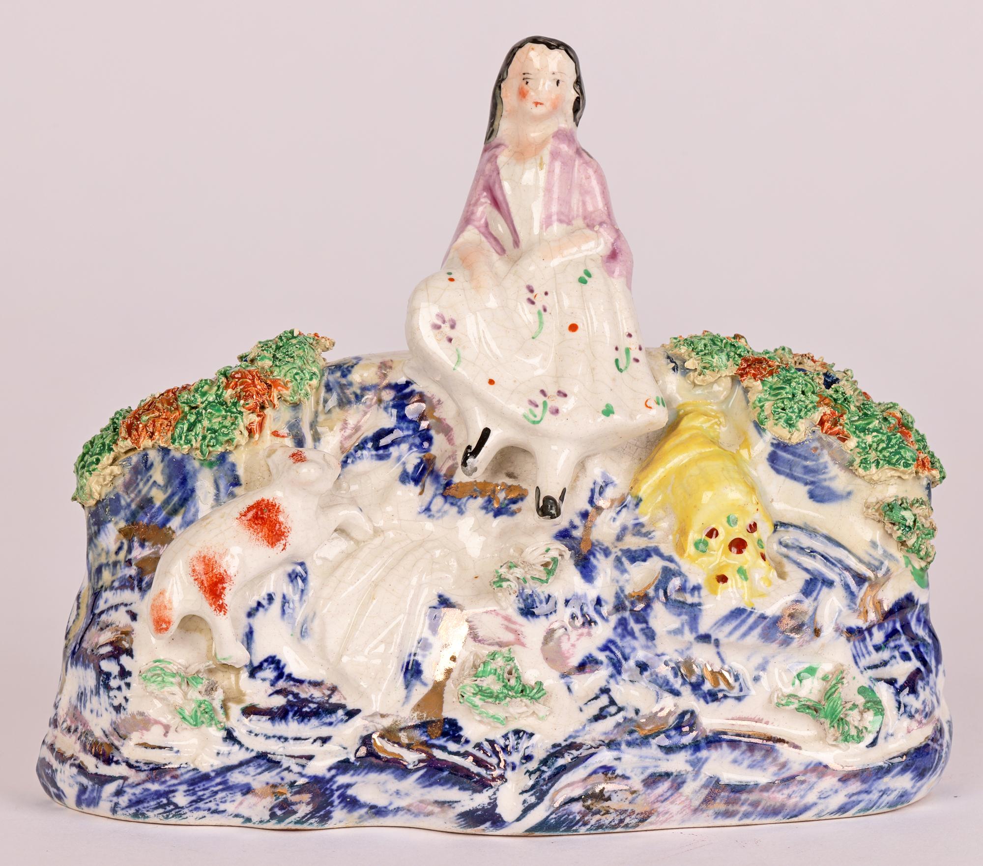 English Staffordshire Rare Pottery Girl on a Bridge Figure