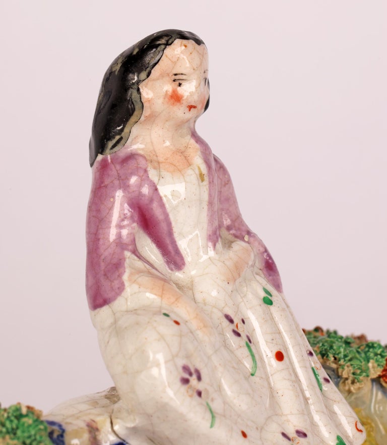 19th Century Staffordshire Rare Pottery Girl on a Bridge Figure For Sale