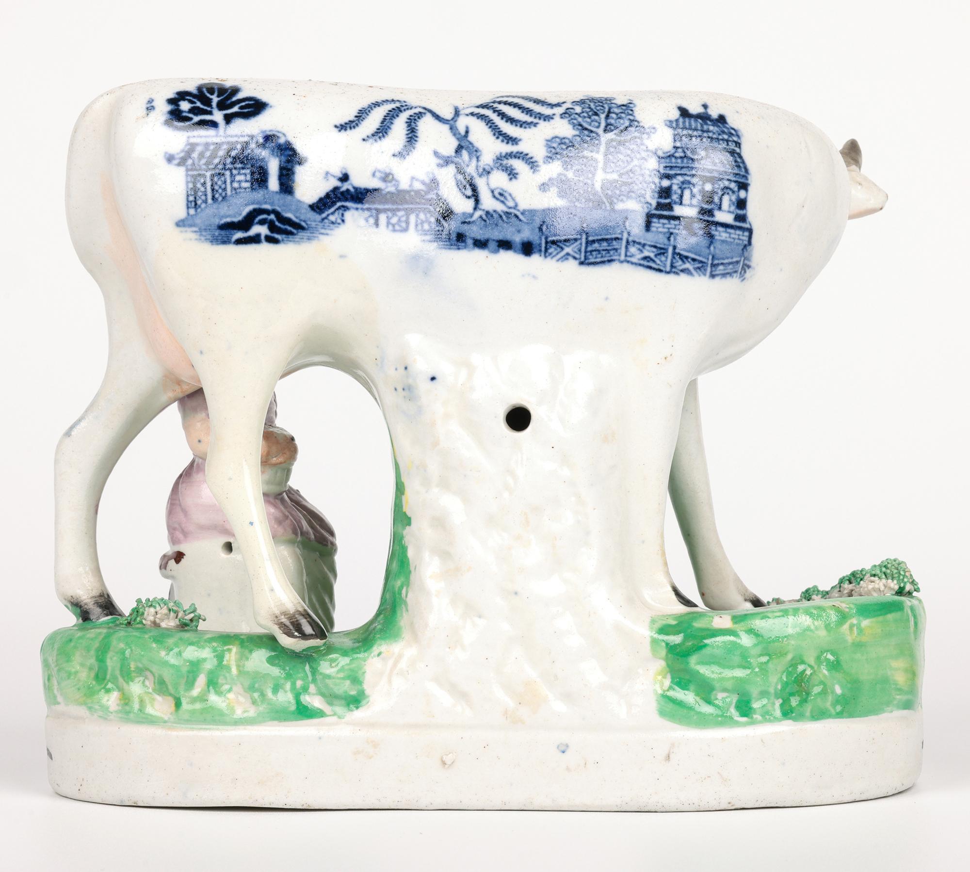 Staffordshire Rare Transfer Printed Cow & Milkmaid Pottery Figure For Sale 3