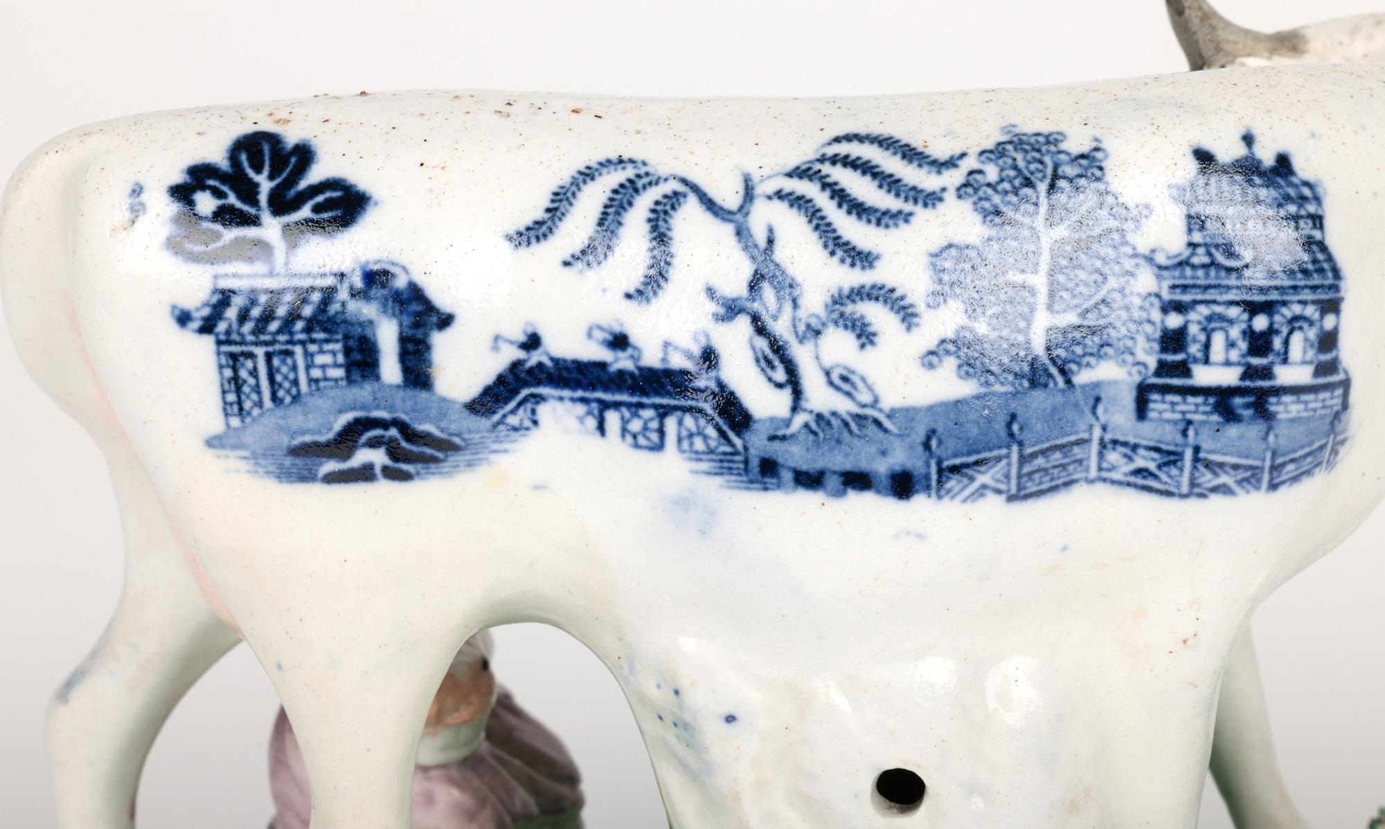 Staffordshire Rare Transfer Printed Cow & Milkmaid Pottery Figure For Sale 4