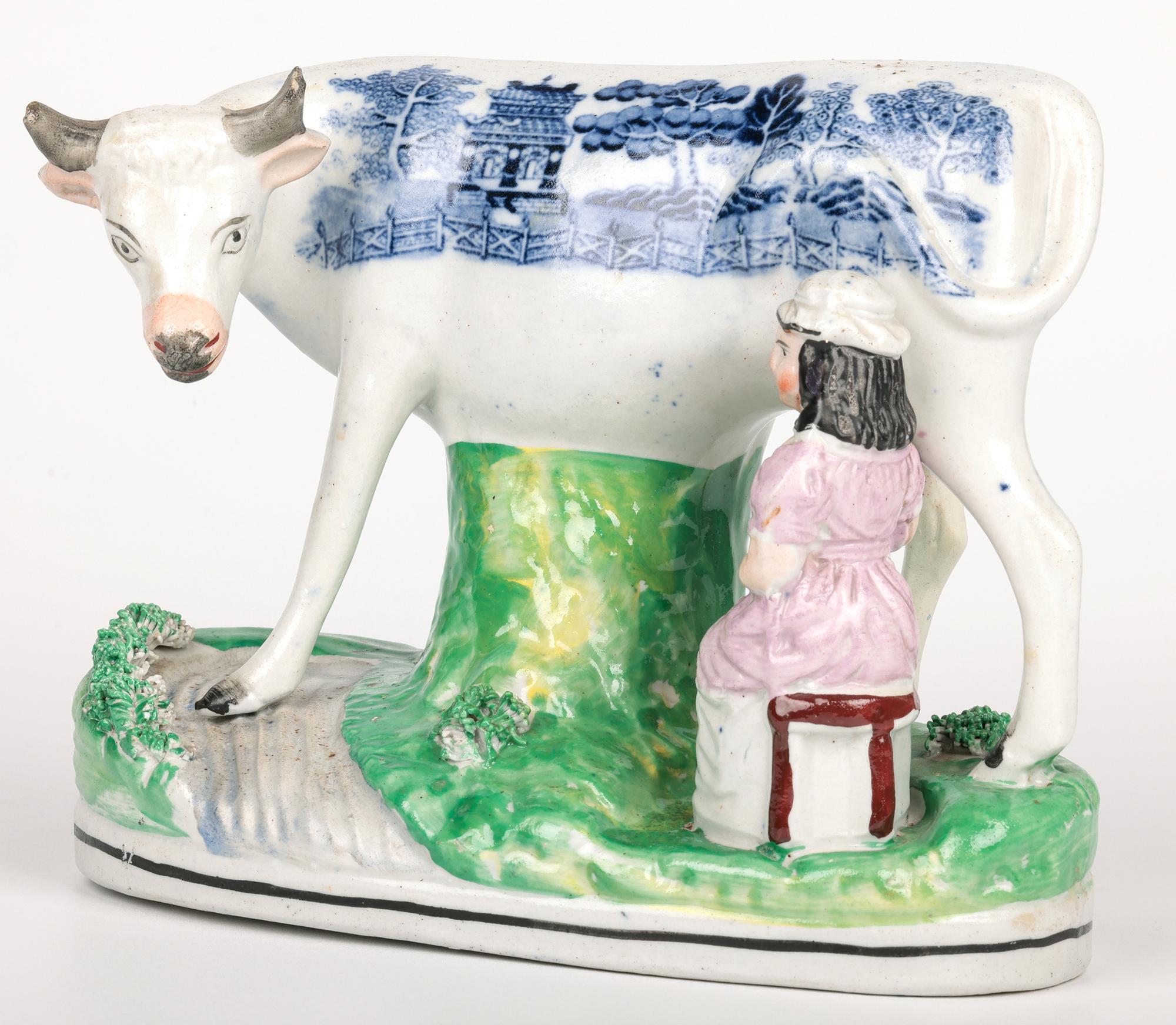 Staffordshire Rare Transfer Printed Cow & Milkmaid Pottery Figure For Sale 6
