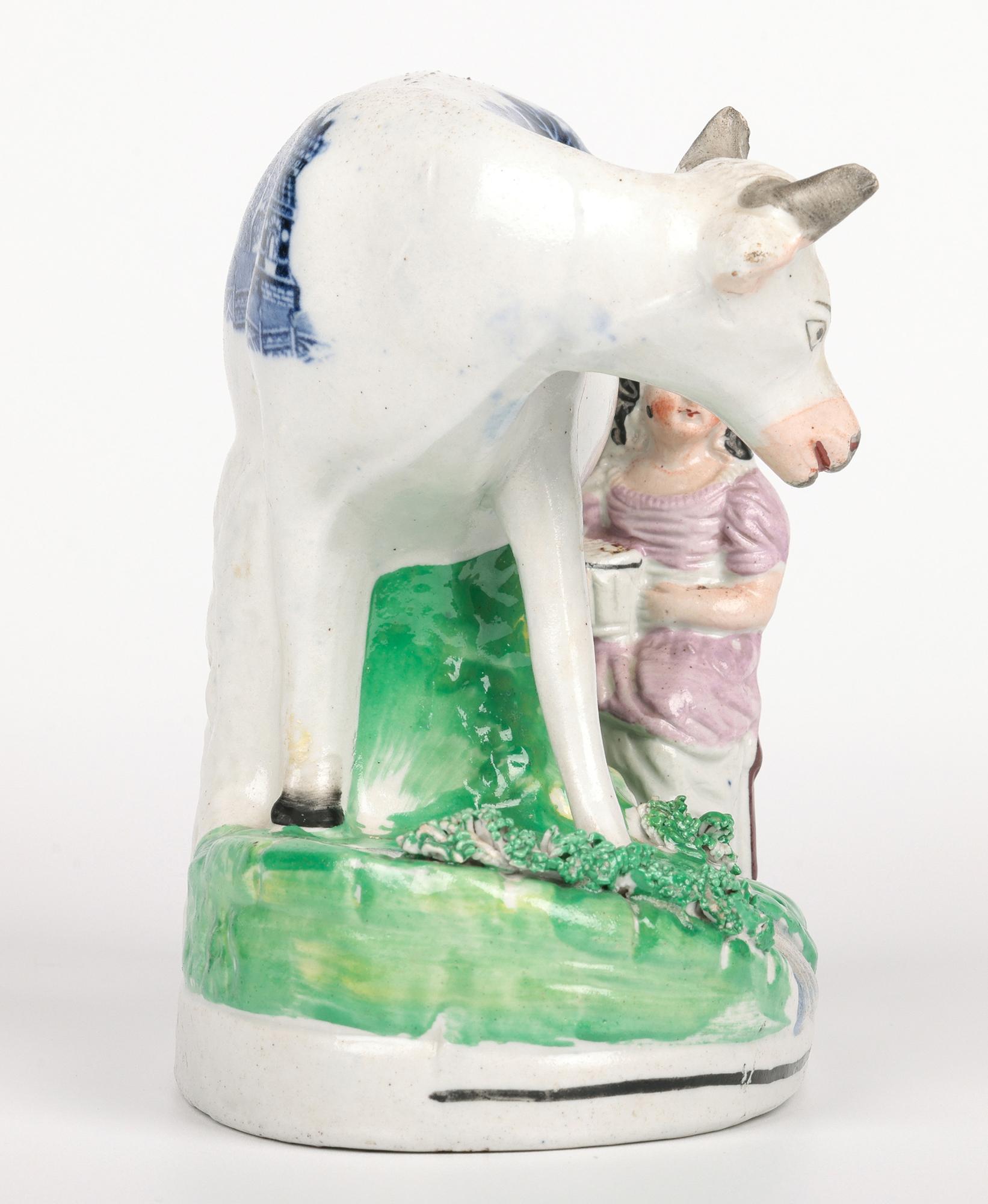 Staffordshire Rare Transfer Printed Cow & Milkmaid Pottery Figure For Sale 7