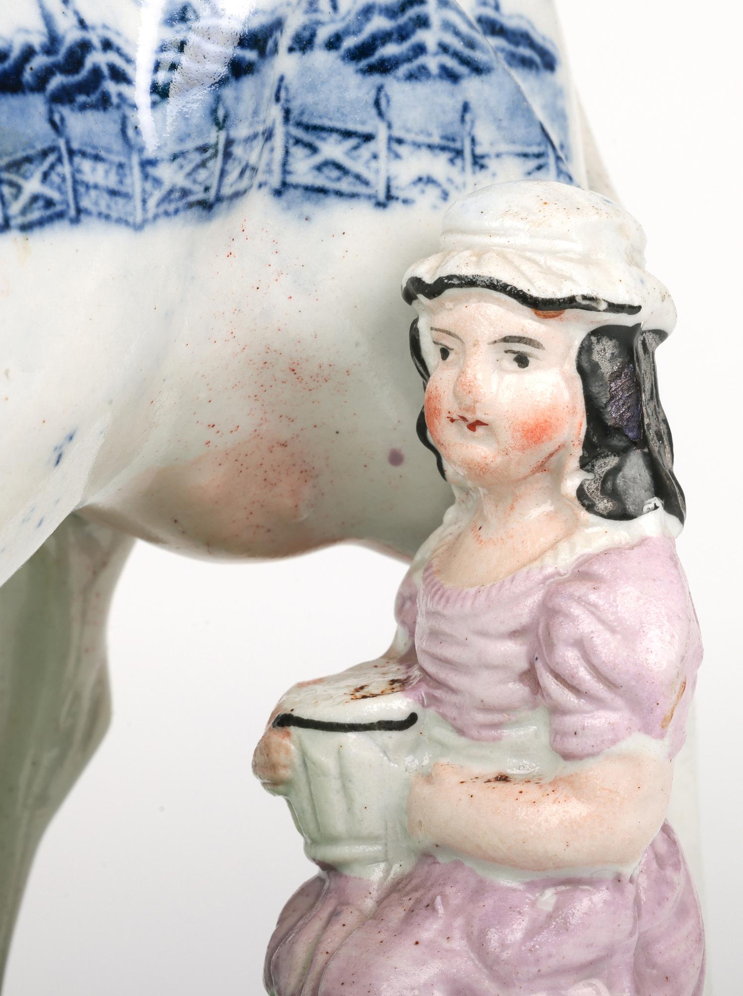 Staffordshire Rare Transfer Printed Cow & Milkmaid Pottery Figure For Sale 8