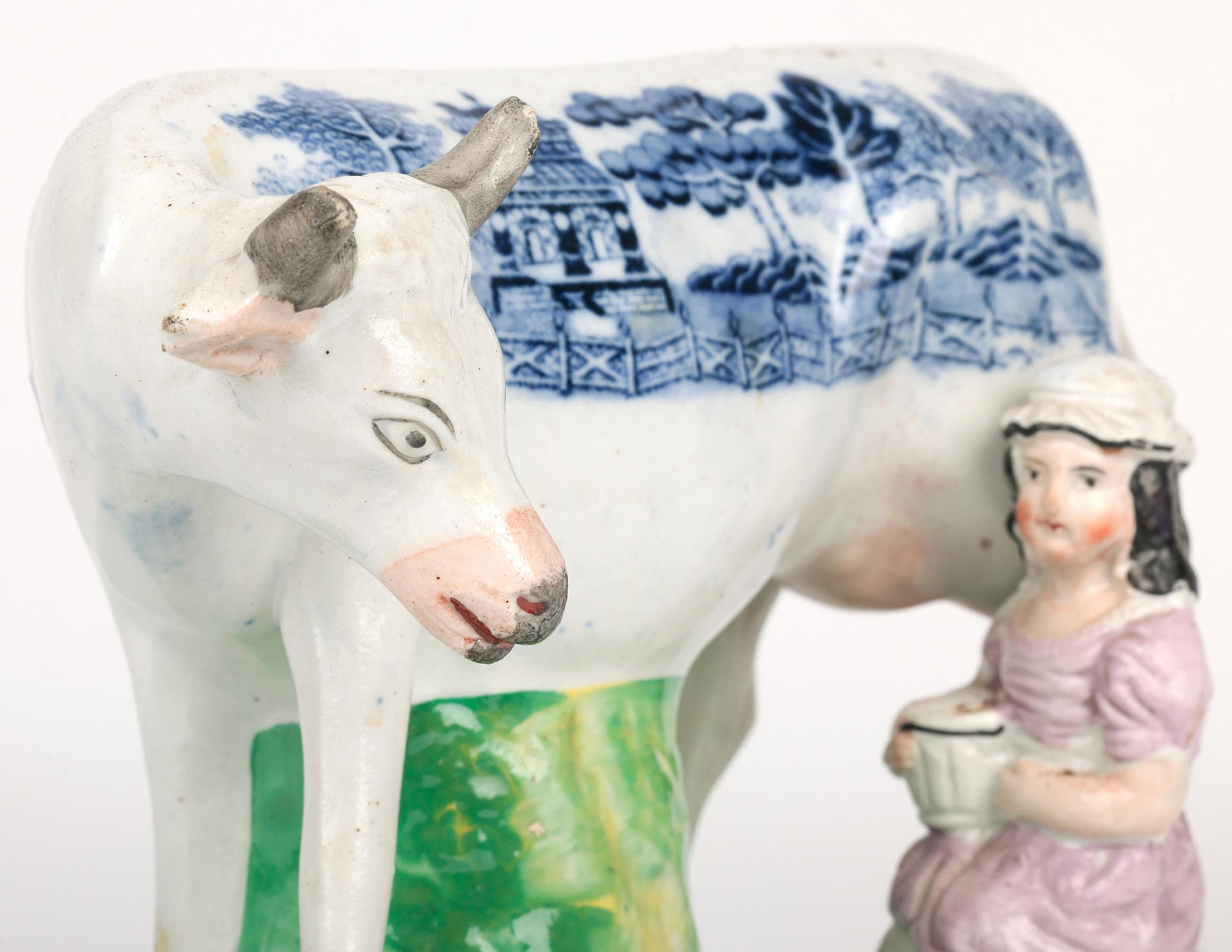 Staffordshire Rare Transfer Printed Cow & Milkmaid Pottery Figure For Sale 11