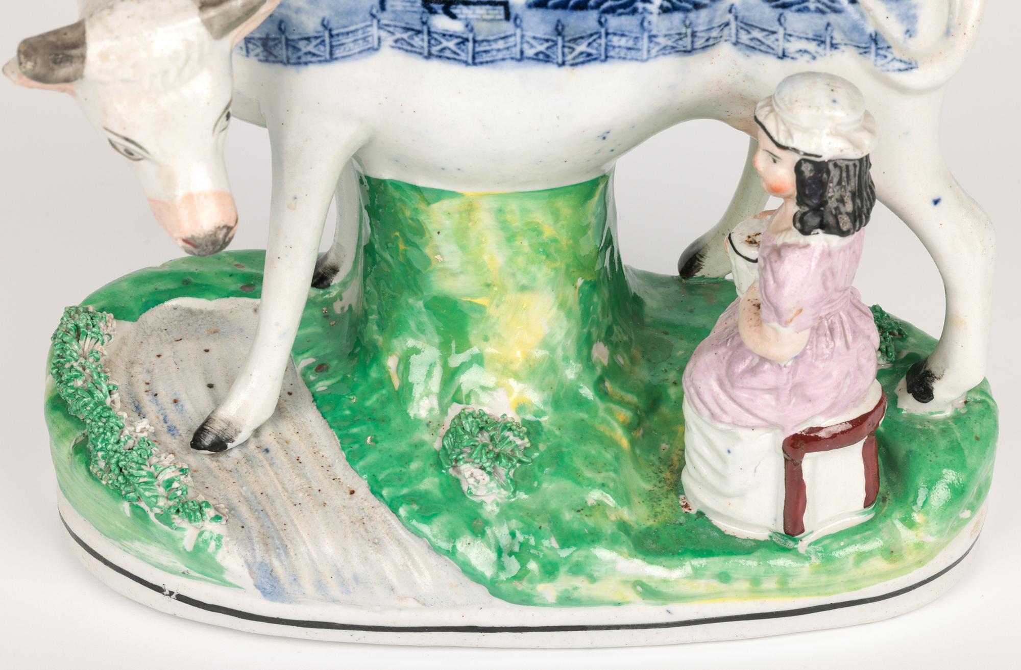 Victorian Staffordshire Rare Transfer Printed Cow & Milkmaid Pottery Figure For Sale