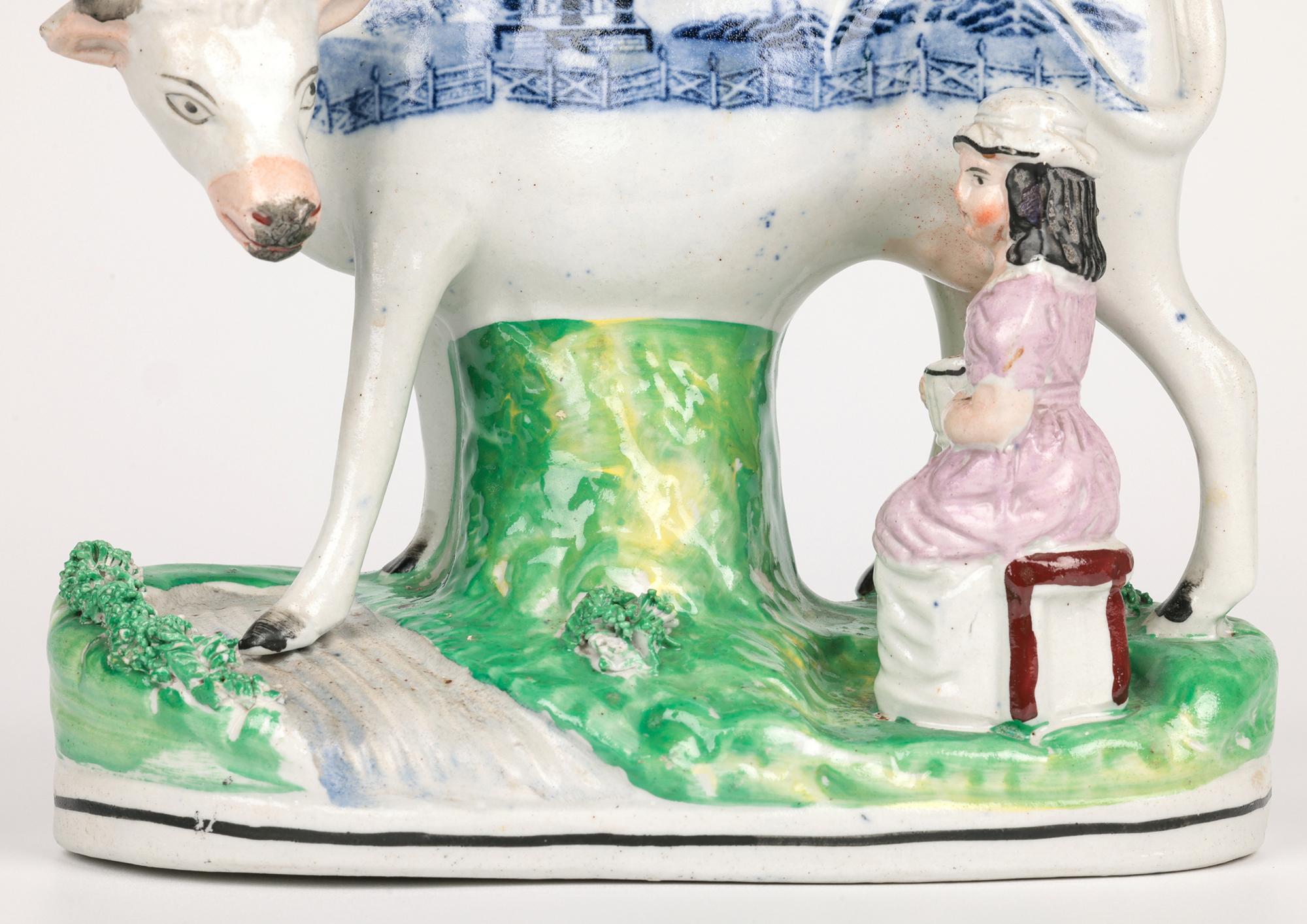 Glazed Staffordshire Rare Transfer Printed Cow & Milkmaid Pottery Figure For Sale