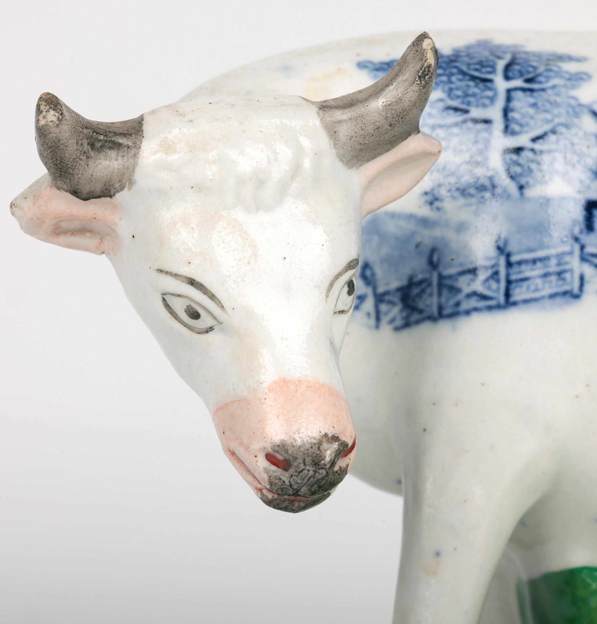 Staffordshire Rare Transfer Printed Cow & Milkmaid Pottery Figure In Good Condition For Sale In Bishop's Stortford, Hertfordshire