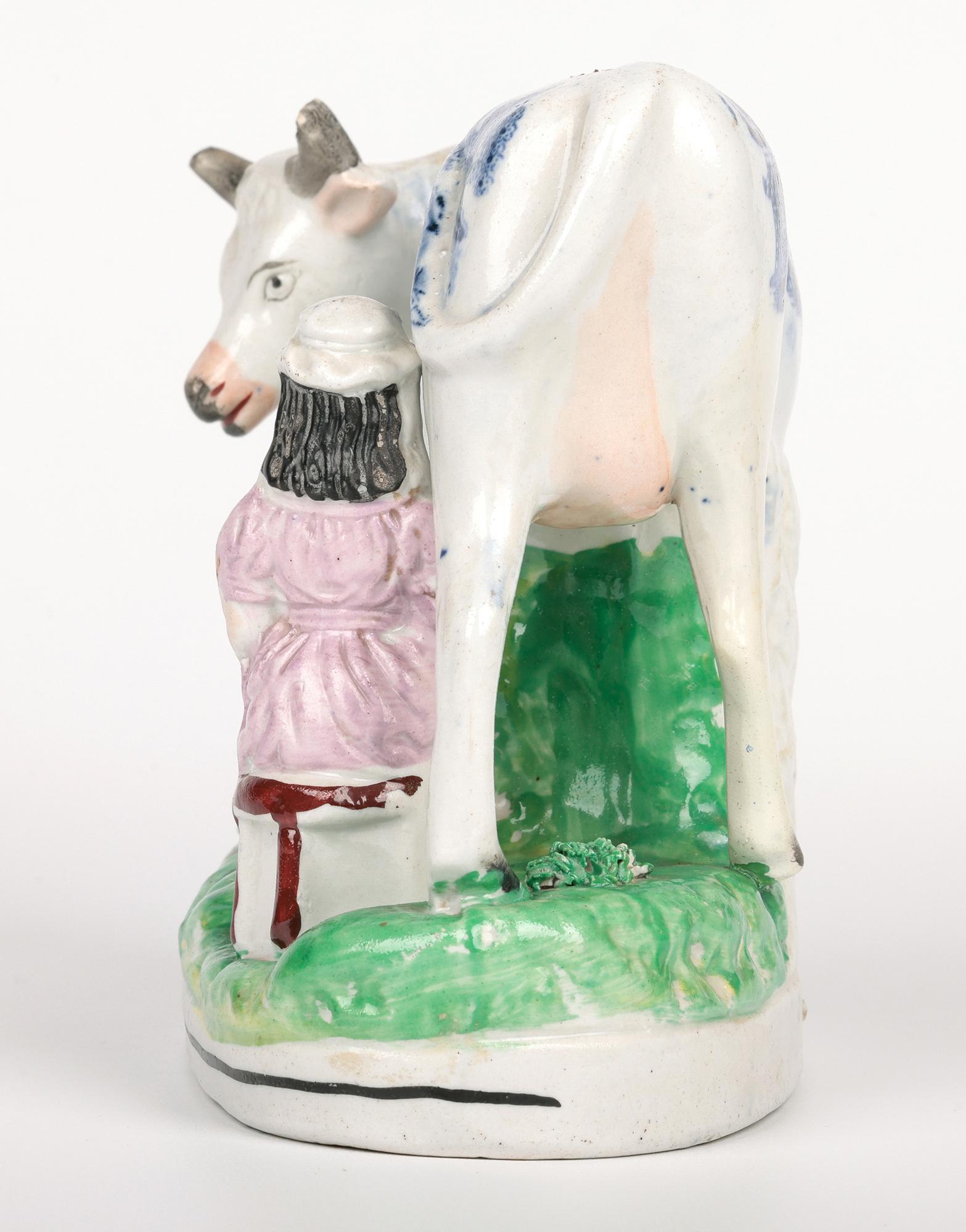 19th Century Staffordshire Rare Transfer Printed Cow & Milkmaid Pottery Figure For Sale