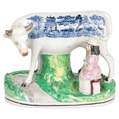 Staffordshire Rare Transfer Printed Cow & Milkmaid Pottery Figure