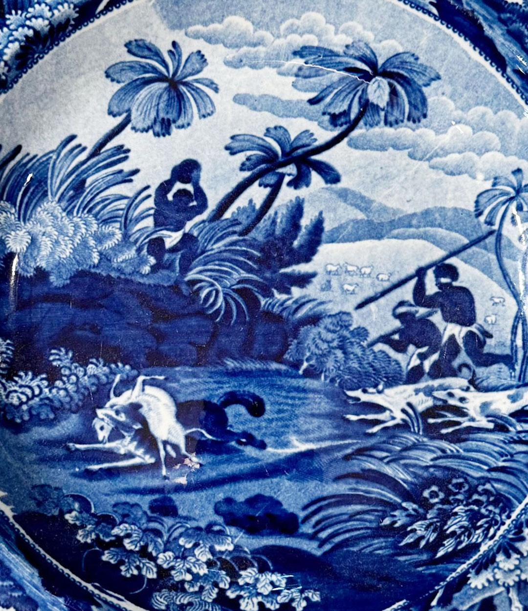 A circa 1815 to 1833 blue and white Staffordshire soup plate. 