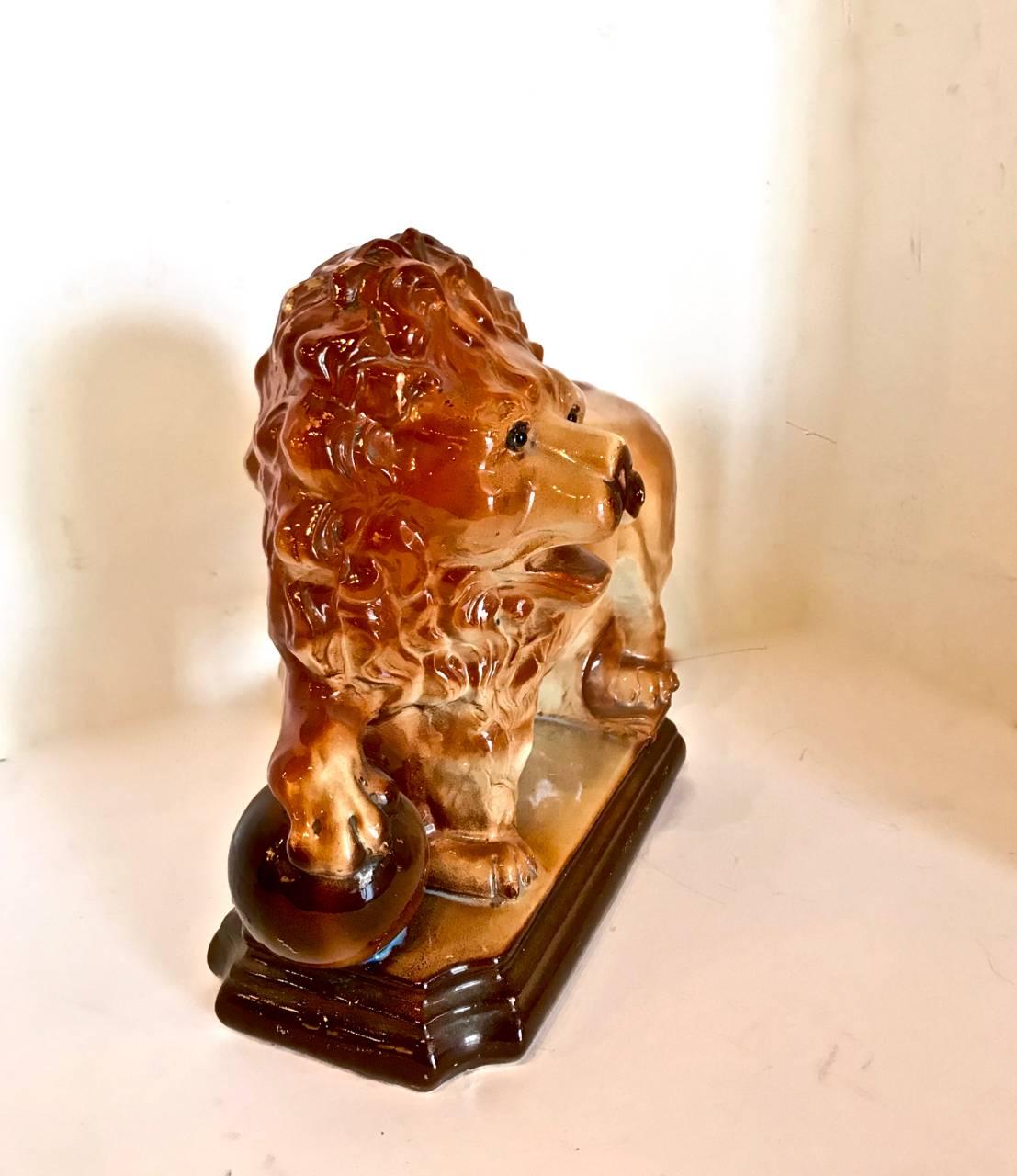 Victorian Staffordshire Standing Lion with Ball, 19th Century