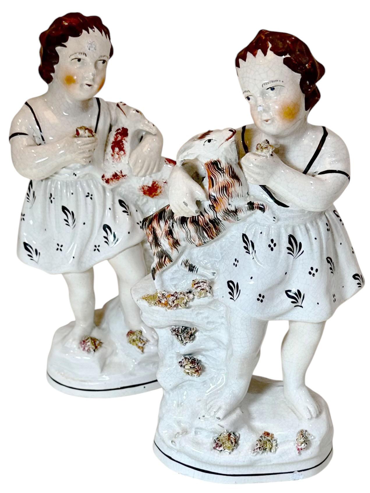 English Staffordshire Statues Children With Goats For Sale
