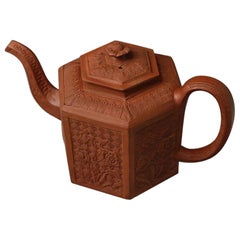 Staffordshire Stoneware Redware "Chinese" Moulded Hexagonal Teapot