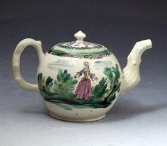 Staffordshire Stoneware Salt Glazed Teapot Color Decorated with Figures