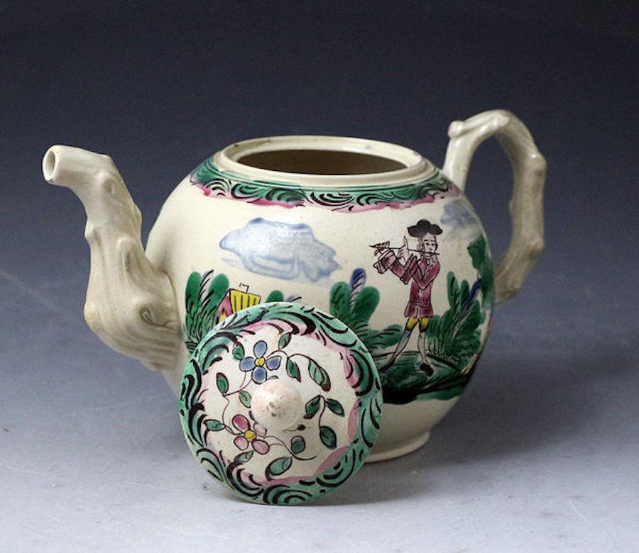 English Staffordshire Stoneware Salt Glazed Teapot Color Decorated with Figures For Sale