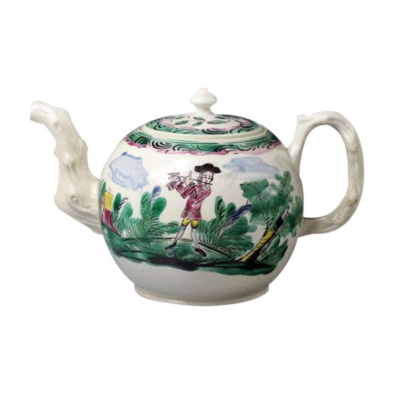 Staffordshire Stoneware Salt Glazed Teapot Color Decorated with Figures For Sale