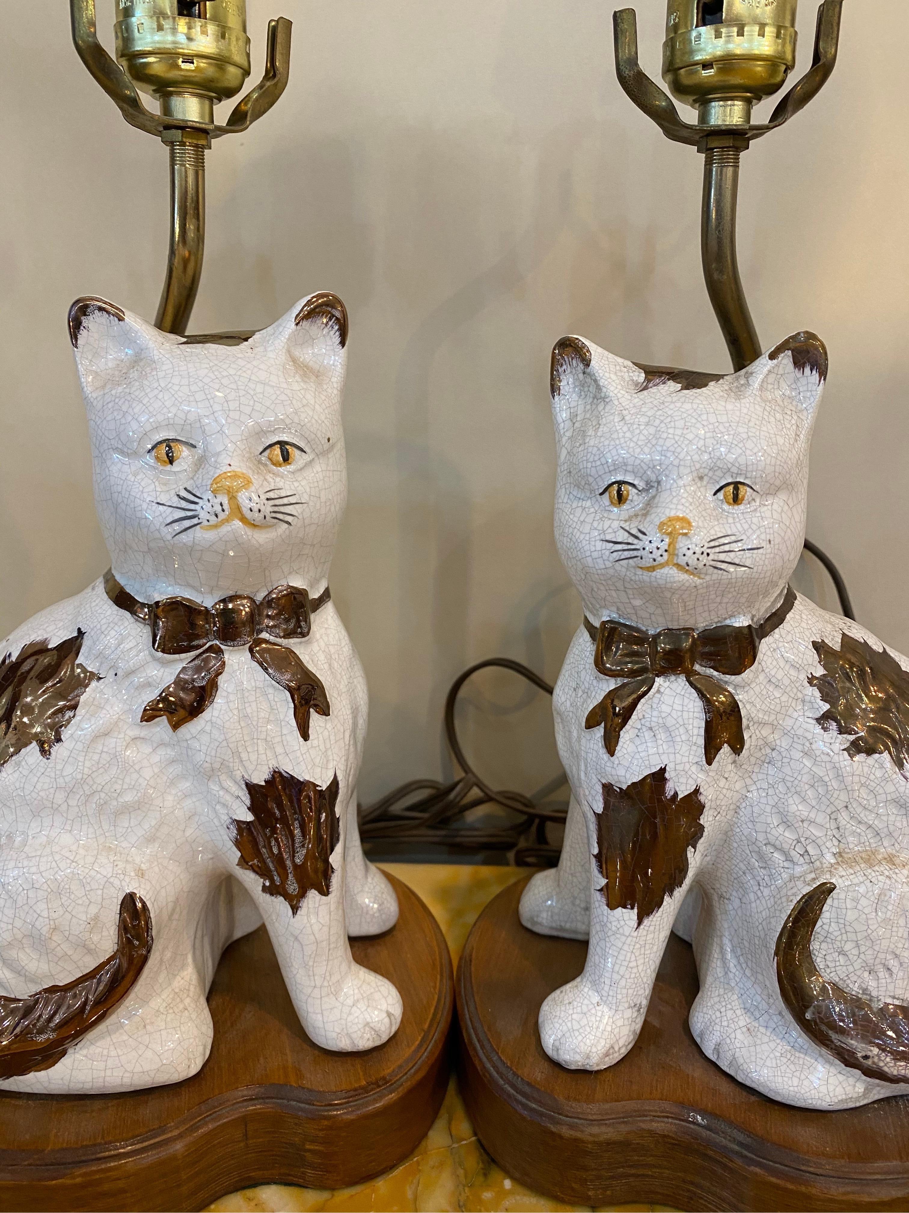 English Staffordshire Style Porcelain Cats Mounted as Lamps