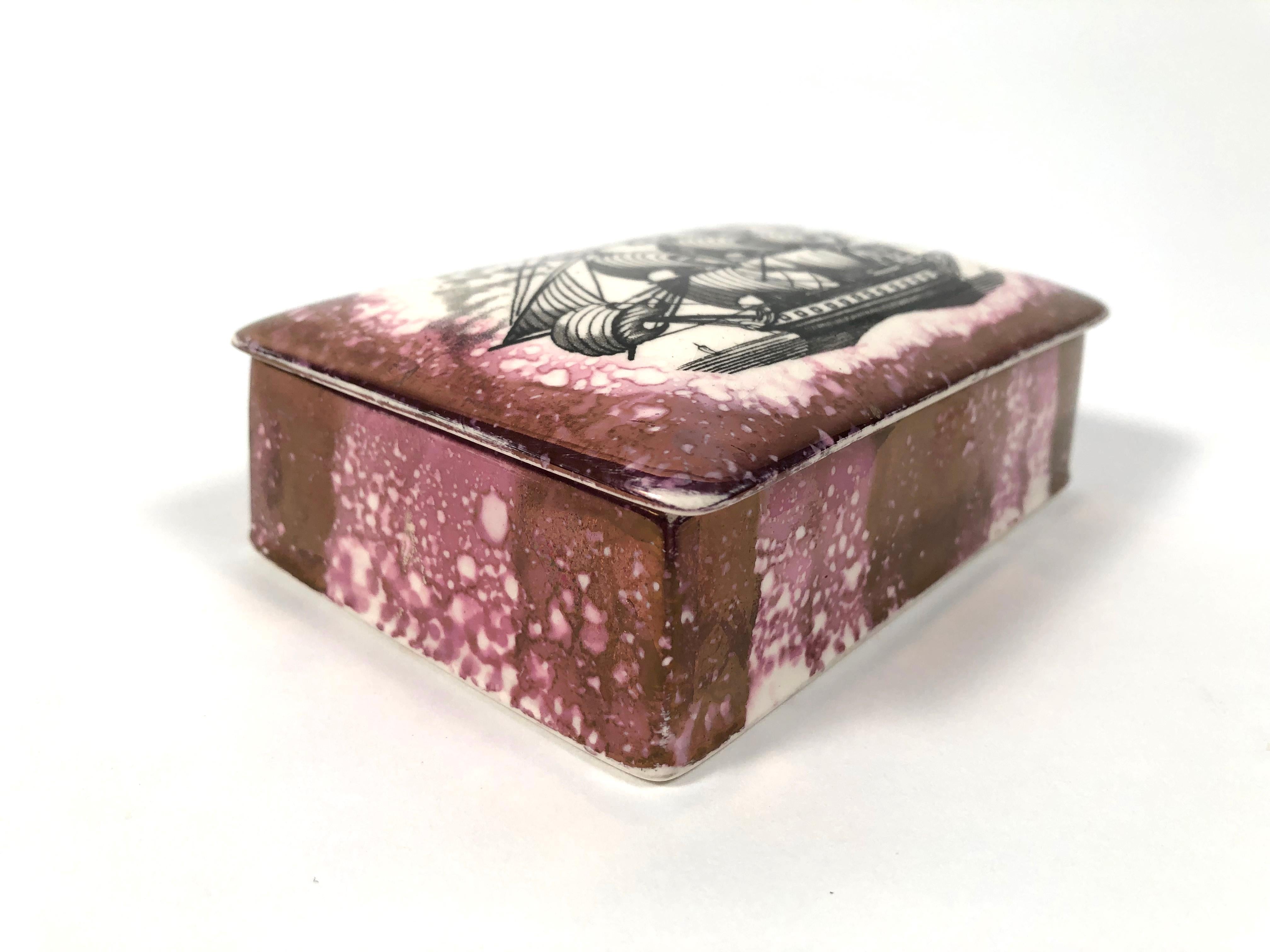 Staffordshire Sunderland Lustreware Porcelain Box with Sailor and Ship Theme In Good Condition In Essex, MA