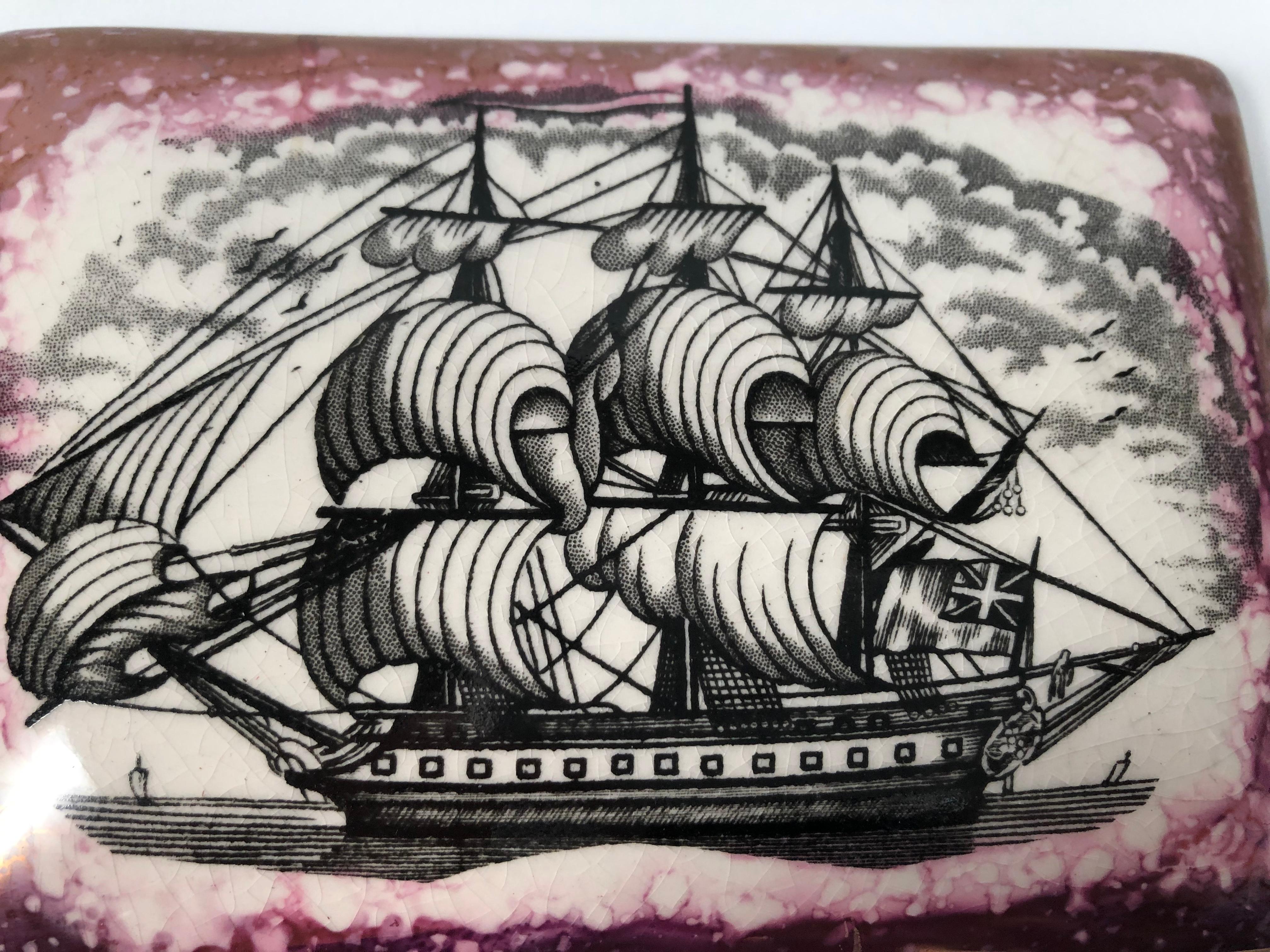 Staffordshire Sunderland Lustreware Porcelain Box with Sailor and Ship Theme 2