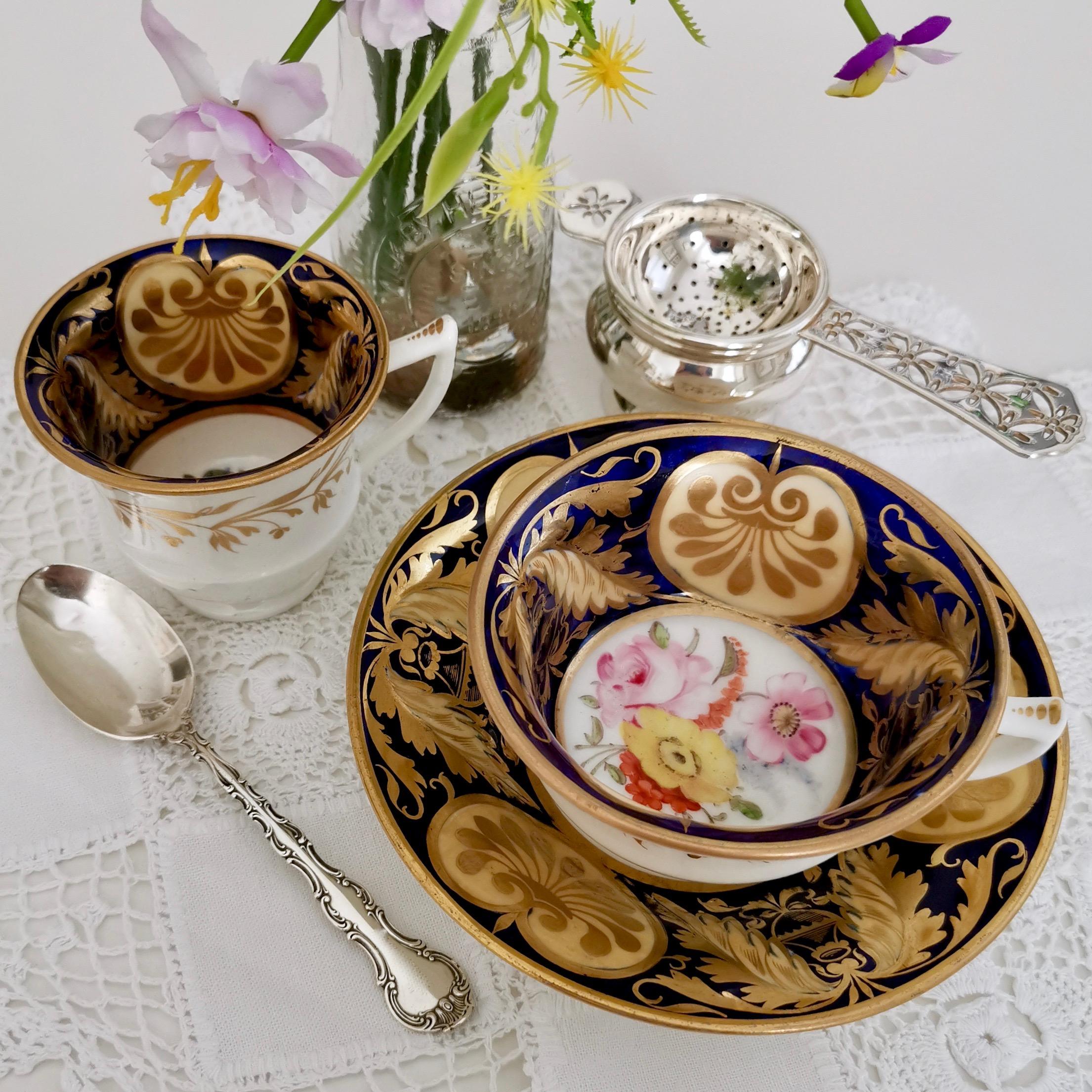 This is a beautiful trio made by an unknown Staffordshire maker circa 1820. The trio consists of a teacup, coffee cup and saucer. In the early 19th century teacups and coffee cups were sold sharing the same saucer - you would never drink tea and