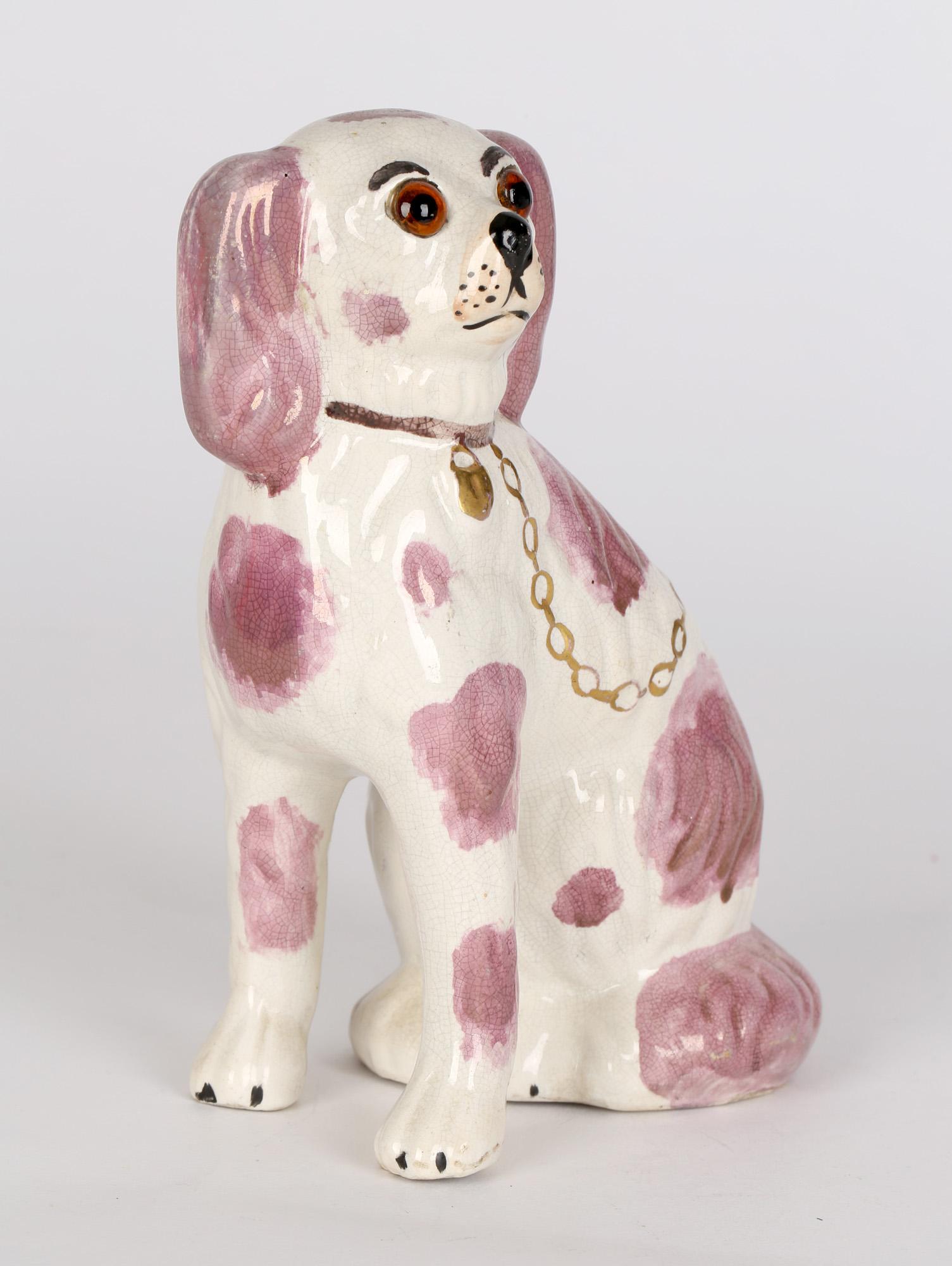 Staffordshire Unusual Pottery Pink Lustre Glass Eyed Dog c.1880 2