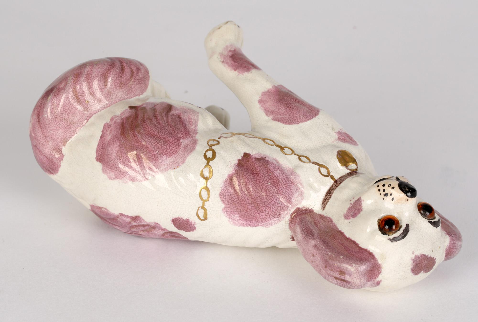 Staffordshire Unusual Pottery Pink Lustre Glass Eyed Dog c.1880 3